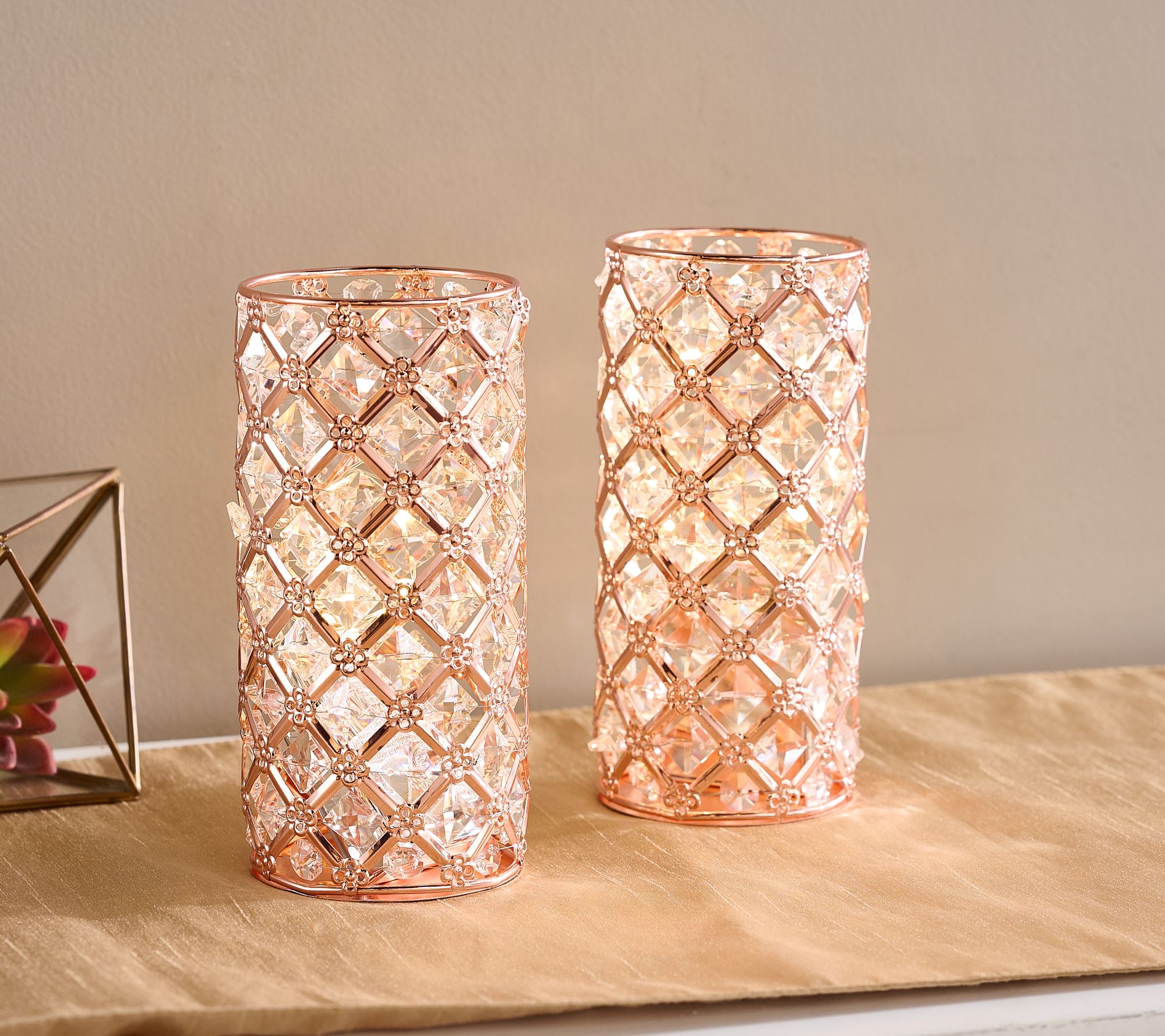 "As Is" Set of 2 Illuminated Faceted Glass Hurricanes by Valerie