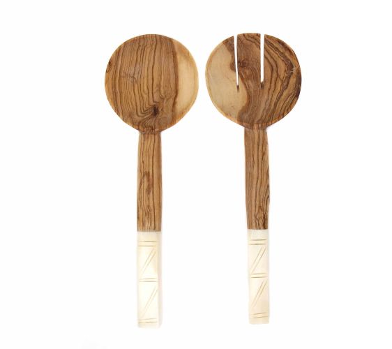 Global Crafts Olive Wood Salad Servers with Bone Handles