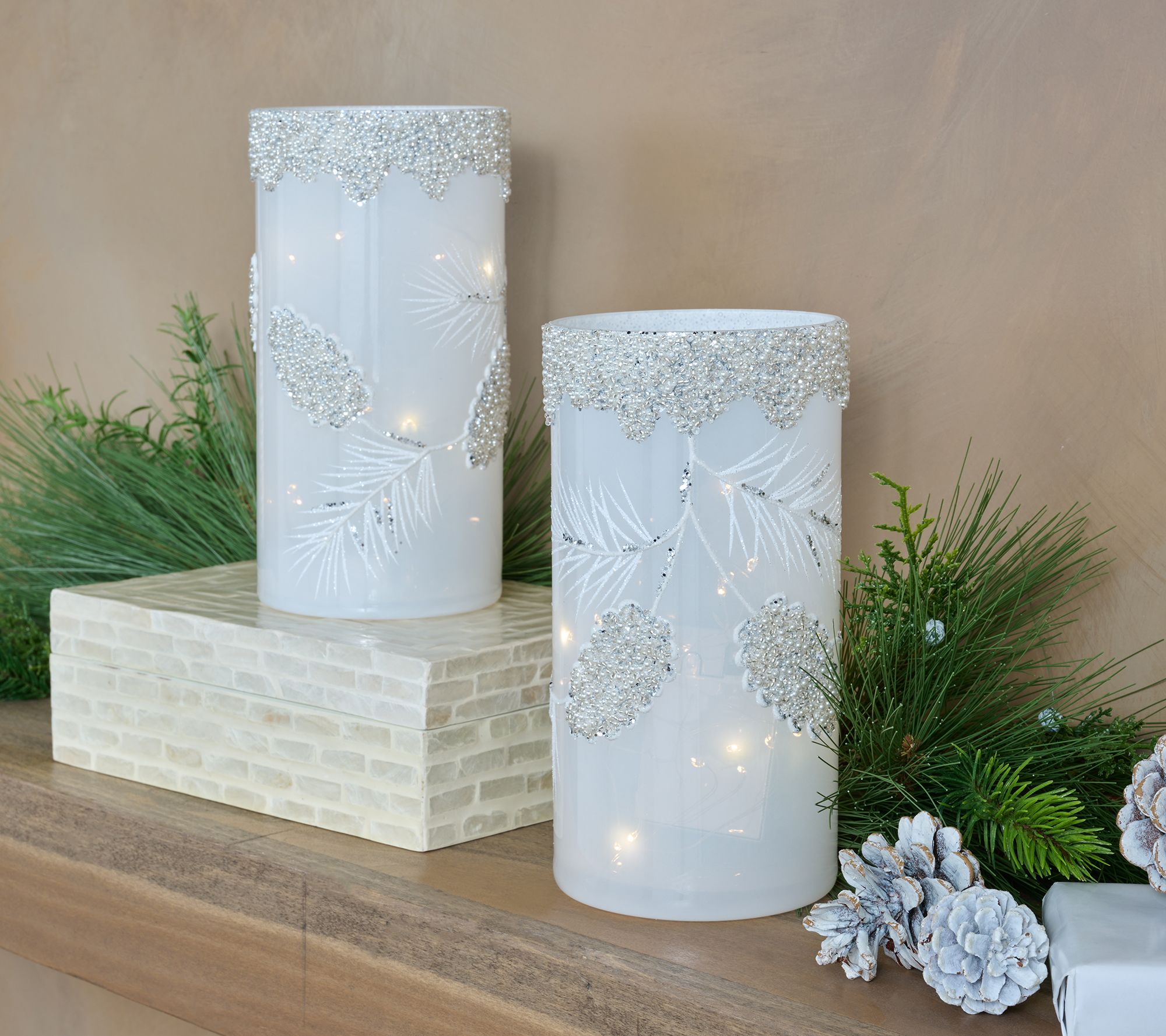 S/2 Illuminated Pearl & Glitter Frosted Glass Hurricanes by Valerie