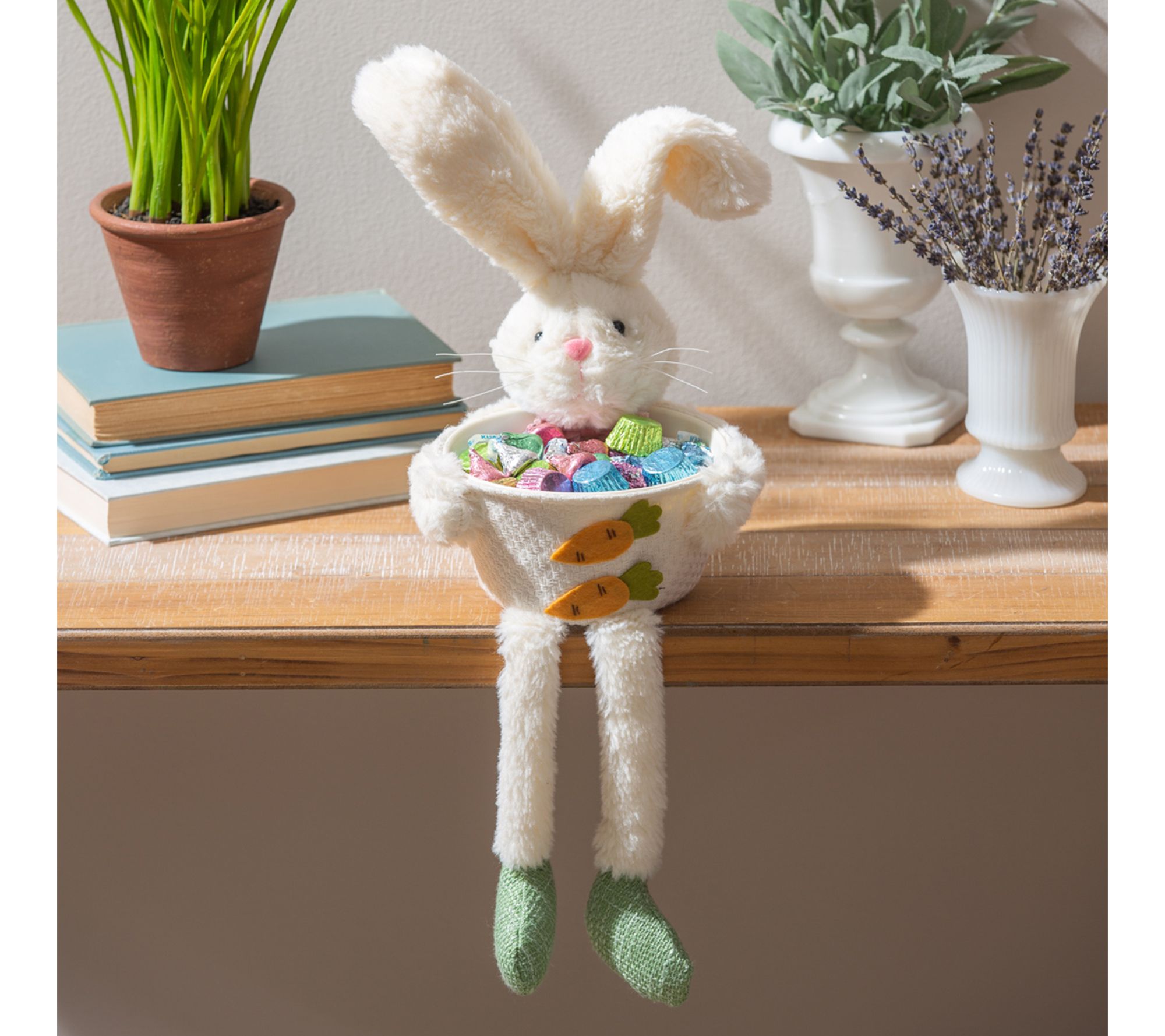 Evergreen Fabric Bunny with Bowl and Dangling Legs Table Decor