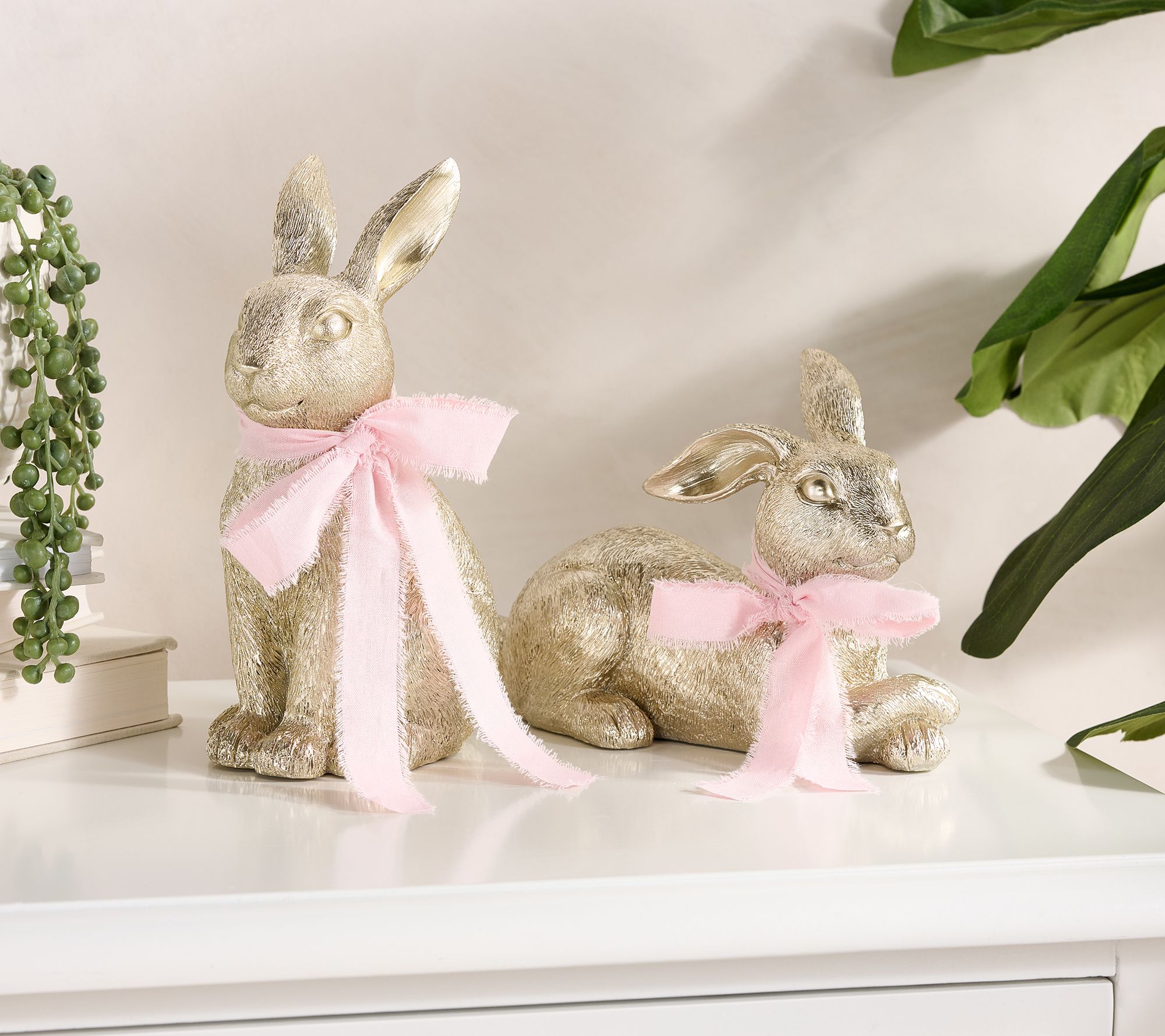 S/2 Decorative Champagne Bunnies with Ribbon by Kim Gravel