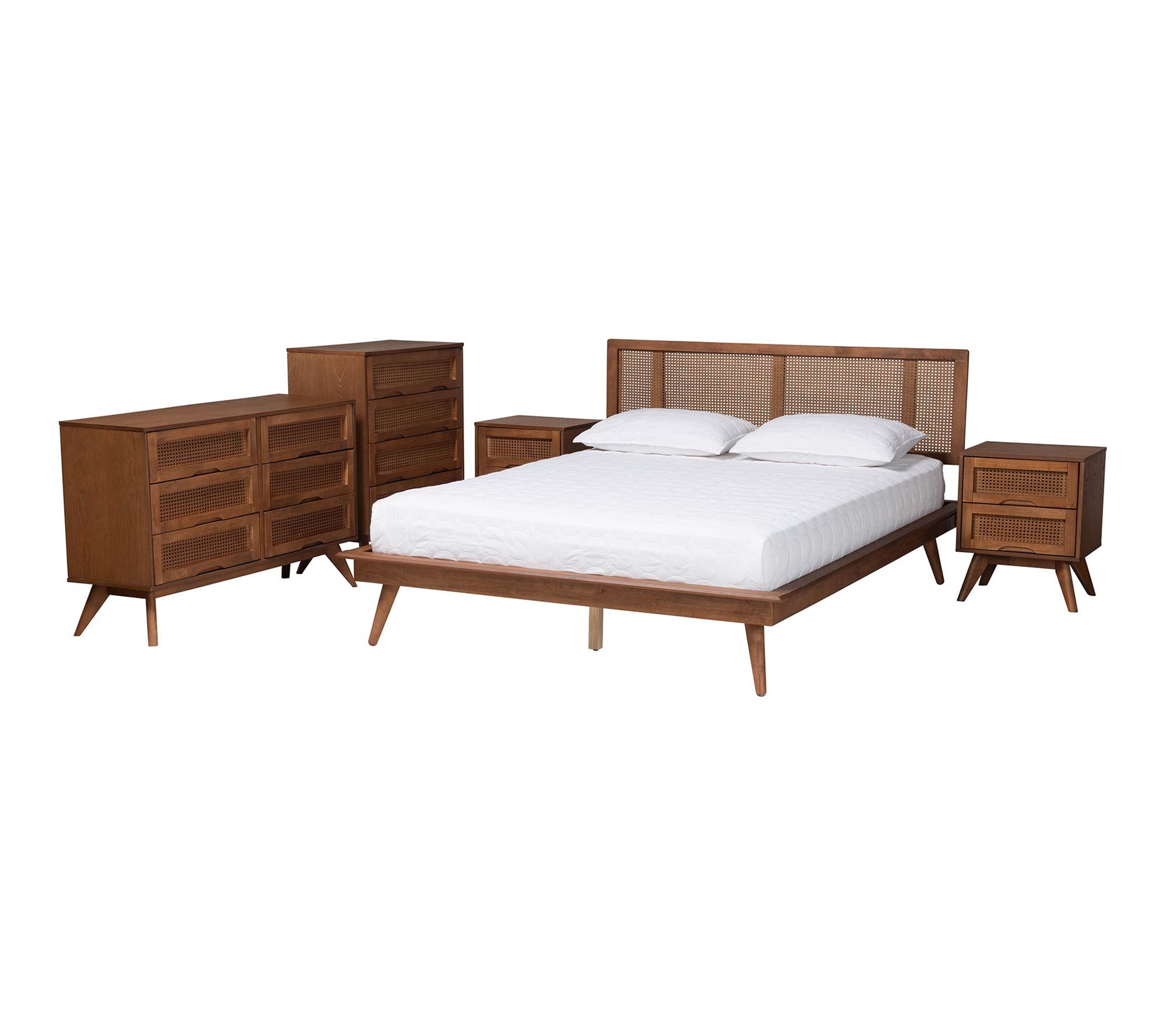Baxton Studio Nura Wood and Rattan Queen 5-Piece Bedroom Set