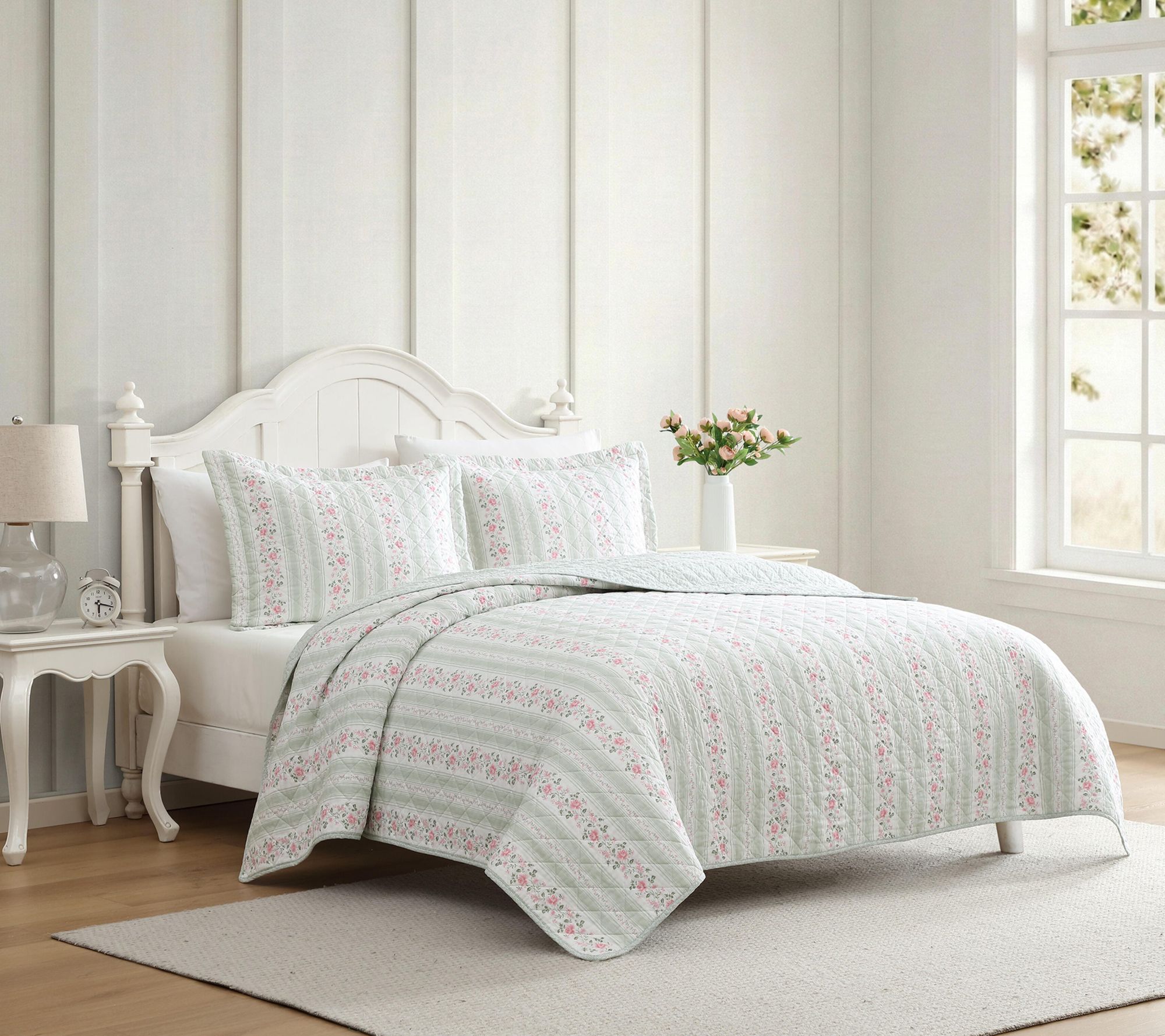 Laura Ashley Rosebud Stripe Sage Green Cotton Queen Quilt Set