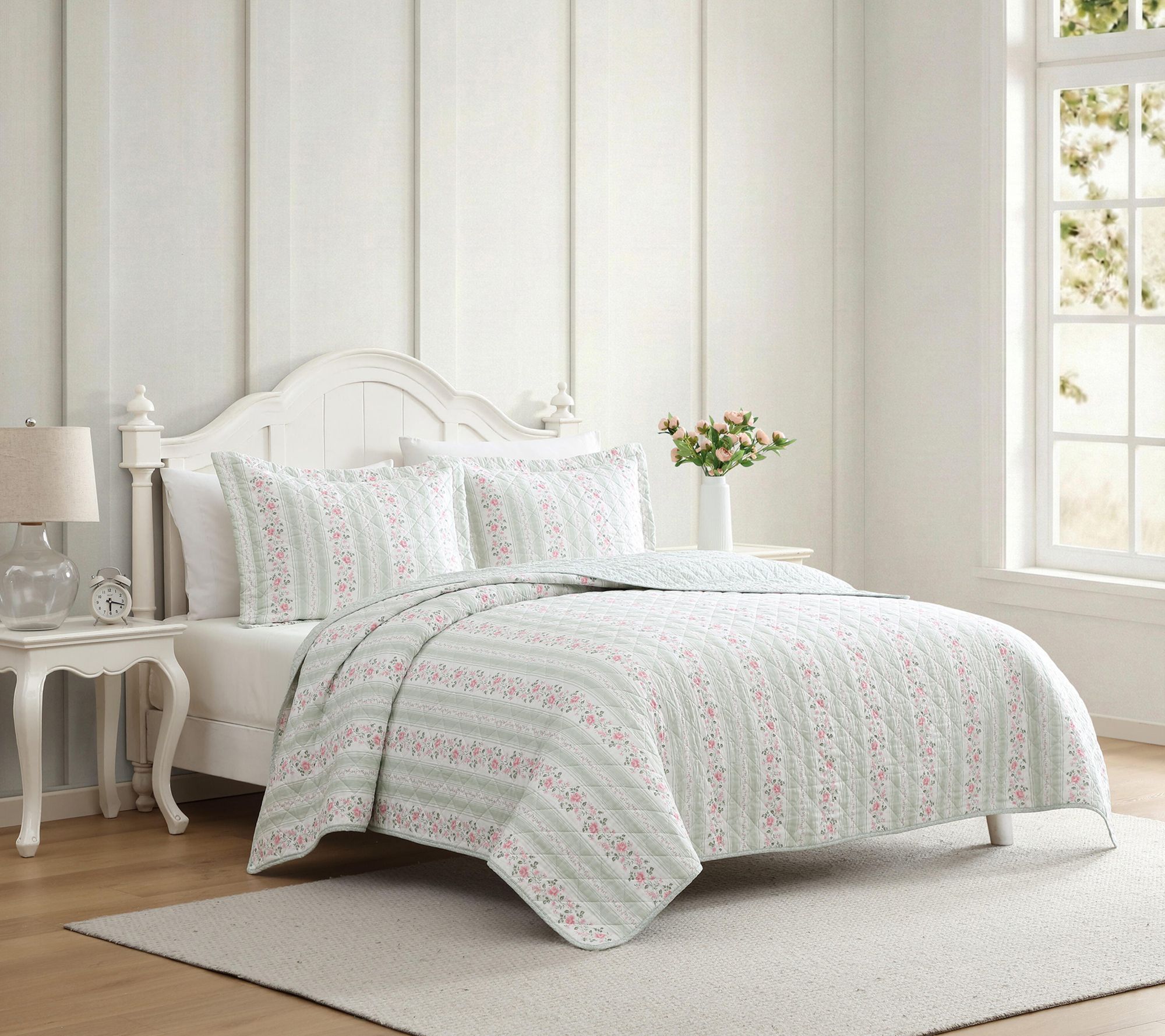 Laura Ashley Rosebud Stripe Sage Green Cotton Queen Quilt Set