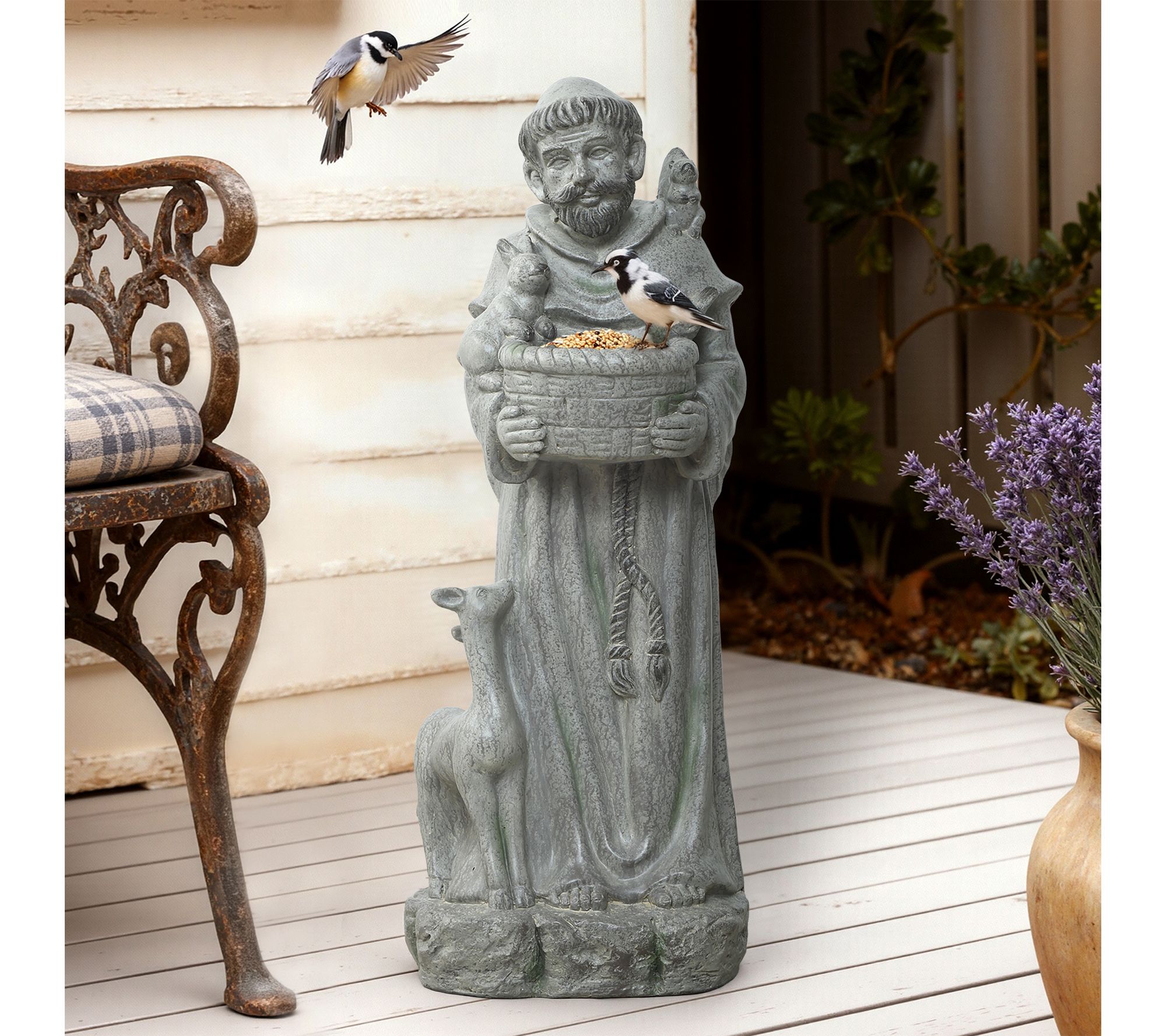LuxenHome Gray MgO Saint Francis Statue with Birdfeeder Bowl