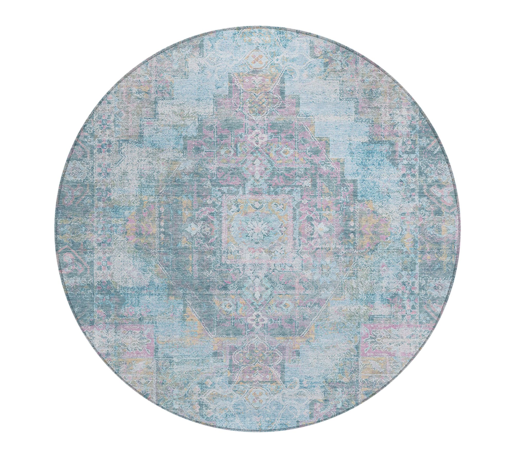 HomeRoots 8' Blue And Pink Round Washable Outdoor Rug