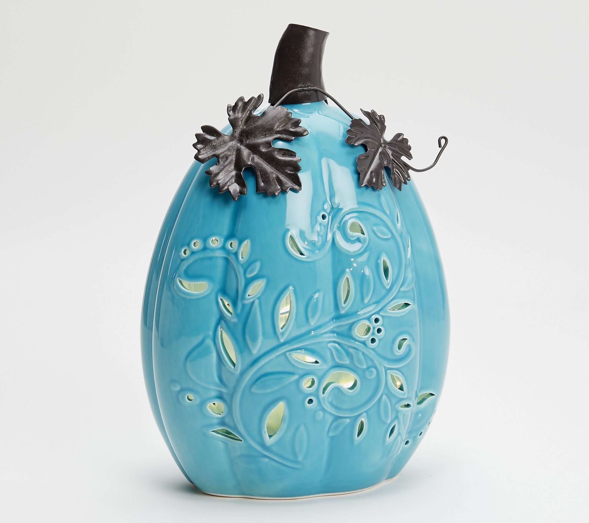 10" Illuminated Slim Ceramic Pierced Pumpkin by Valerie