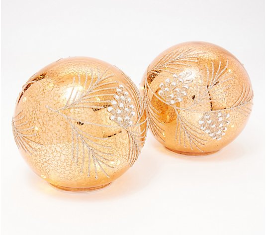Set of 2 Lit 6" Pinecone Mercury Glass Spheres by Valerie