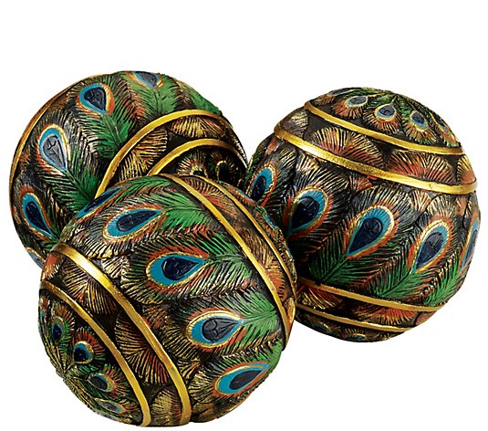 Design Toscano Set of Three Royal Peacock Feather Orb Balls