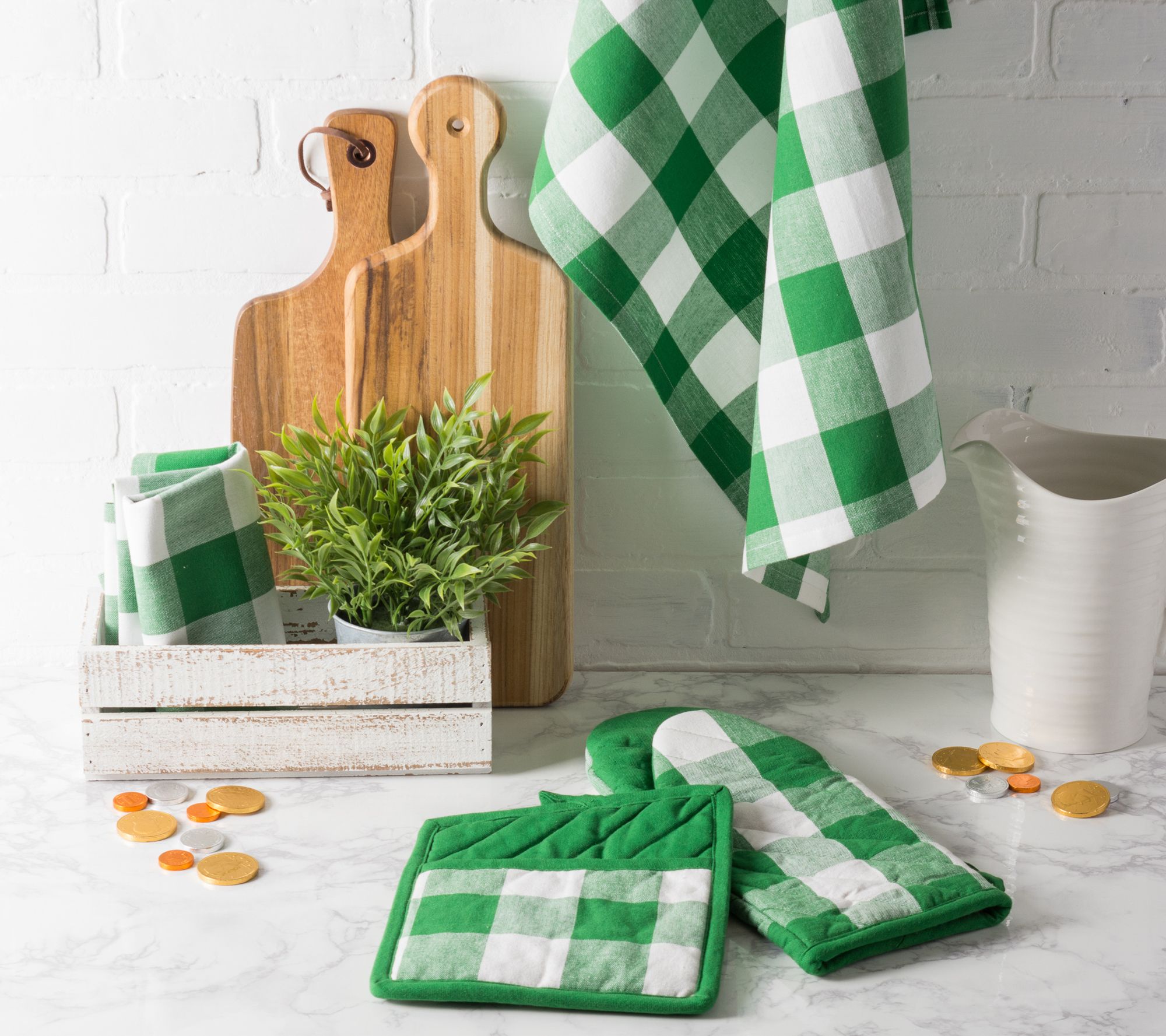 T-Fal Solid and Check Parquet Cotton Kitchen Towel, Two Pack, Green