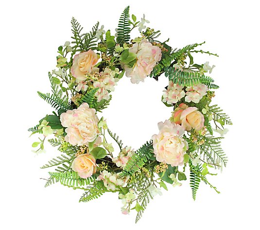 Northlight 24" Rose & Peony Flowers Spring Wreath Coral Pink