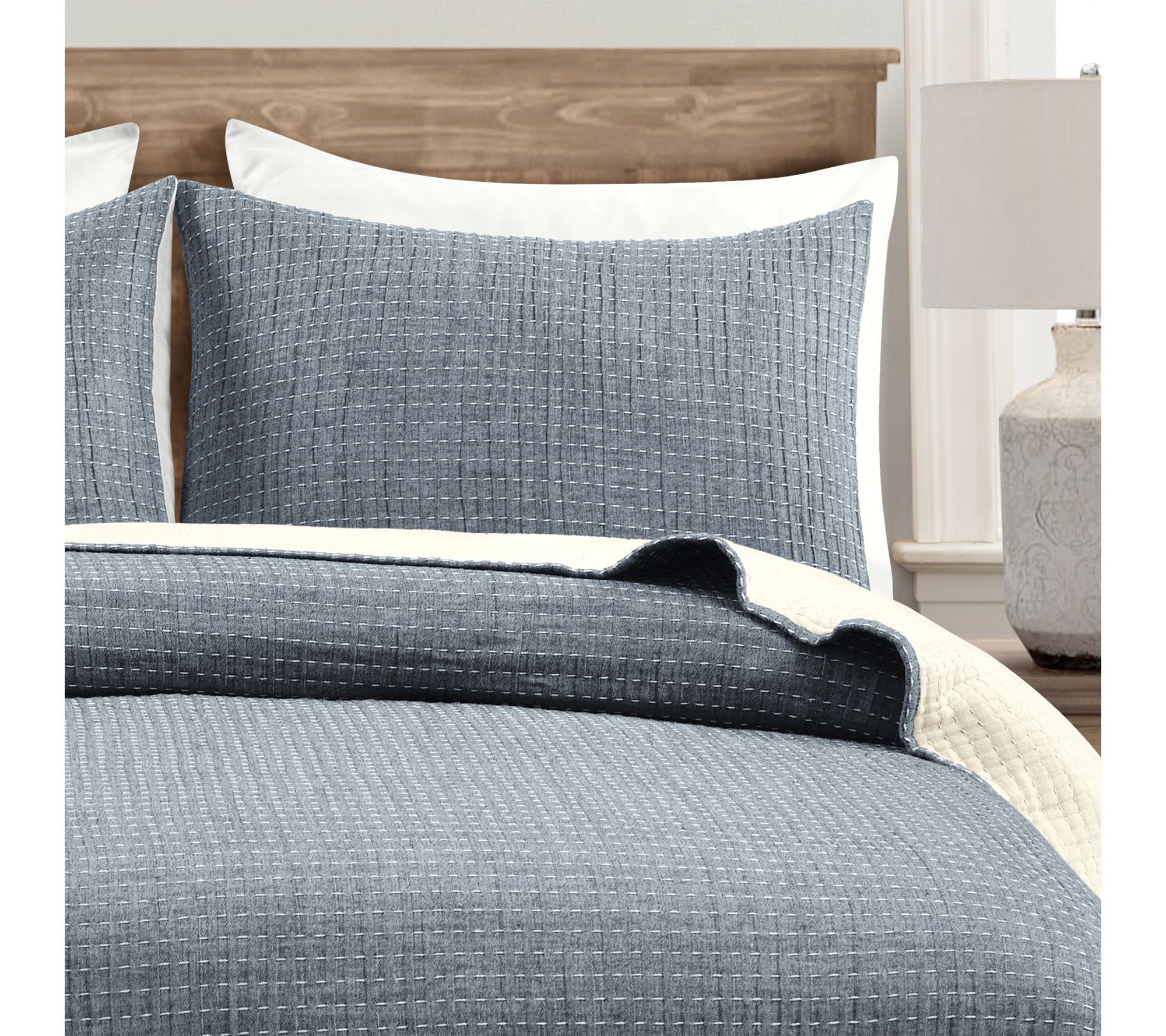 Solid Kantha Pick Stitch Yarn Dyed 3Pc Full/Queen Quilt Set