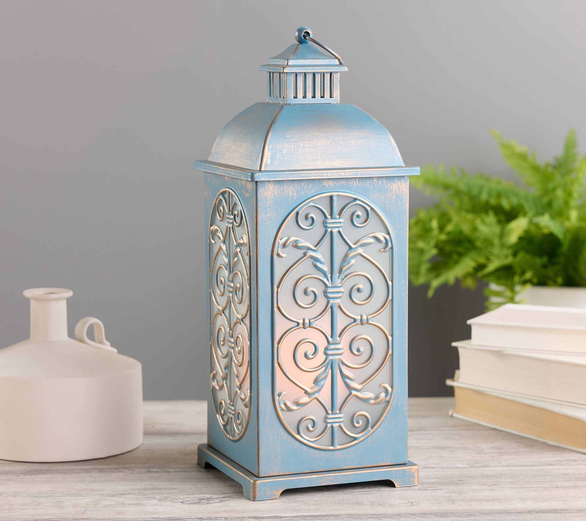 Indoor/Outdoor 18" Flickering Flame Metal Leaf Lantern by Valerie