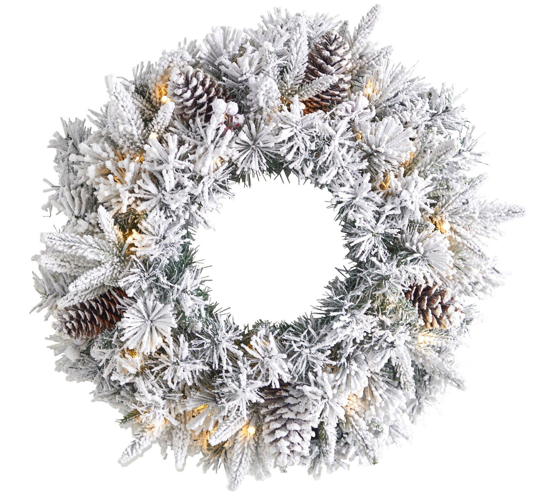 Nearly Natural 20" Flocked Christmas Wreath with 35 LED Lights