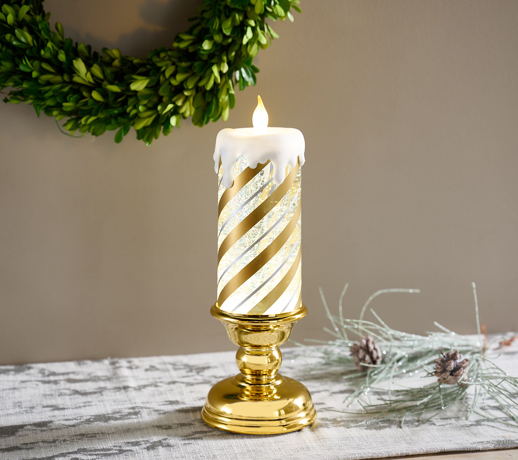 13" Illuminated Peppermint Glitter Candle with Pedestal by Valerie