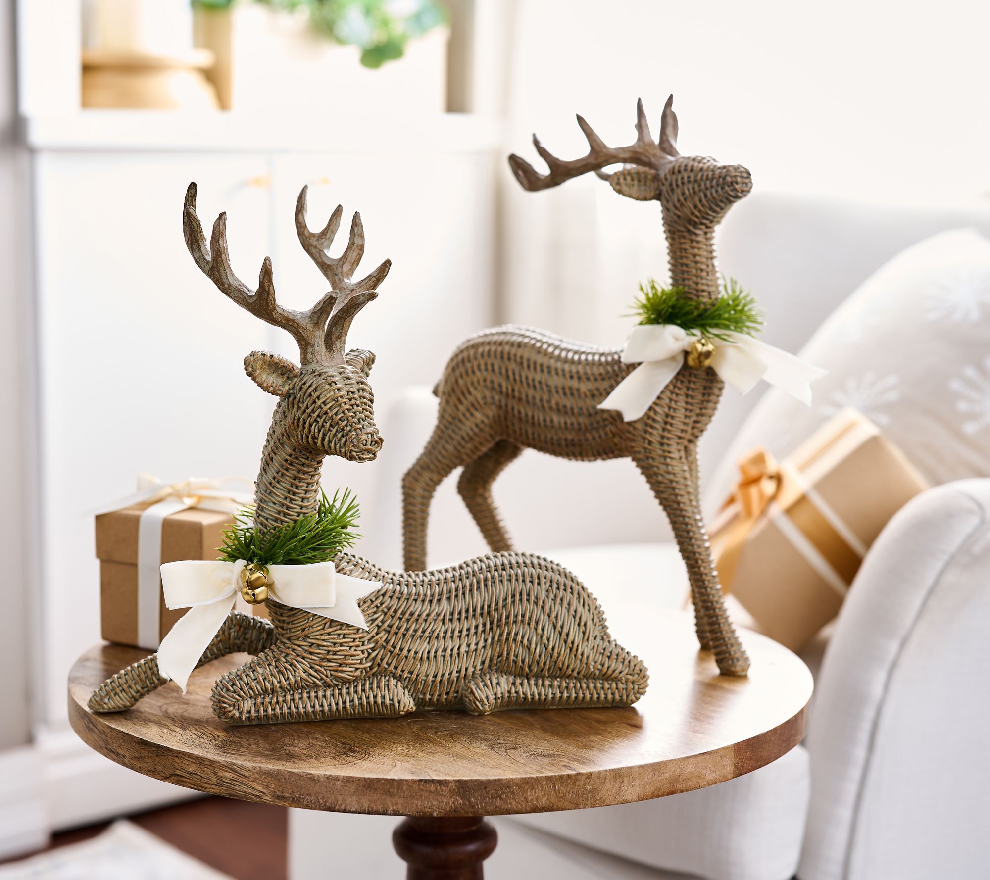 Set of 2 Wicker Design Deer w/ Ribbon Embellishment by Valerie
