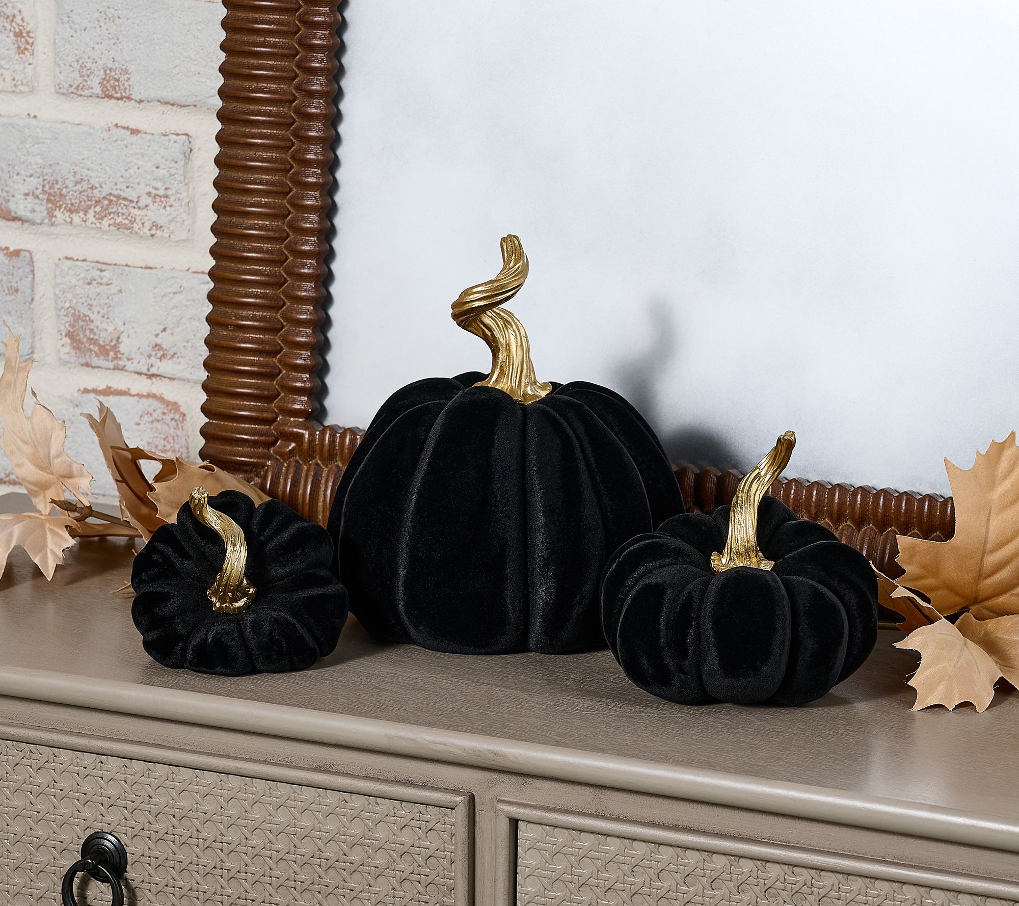 "As Is" Set of 3 Flocked Pumpkins with Gold Stems by Valerie