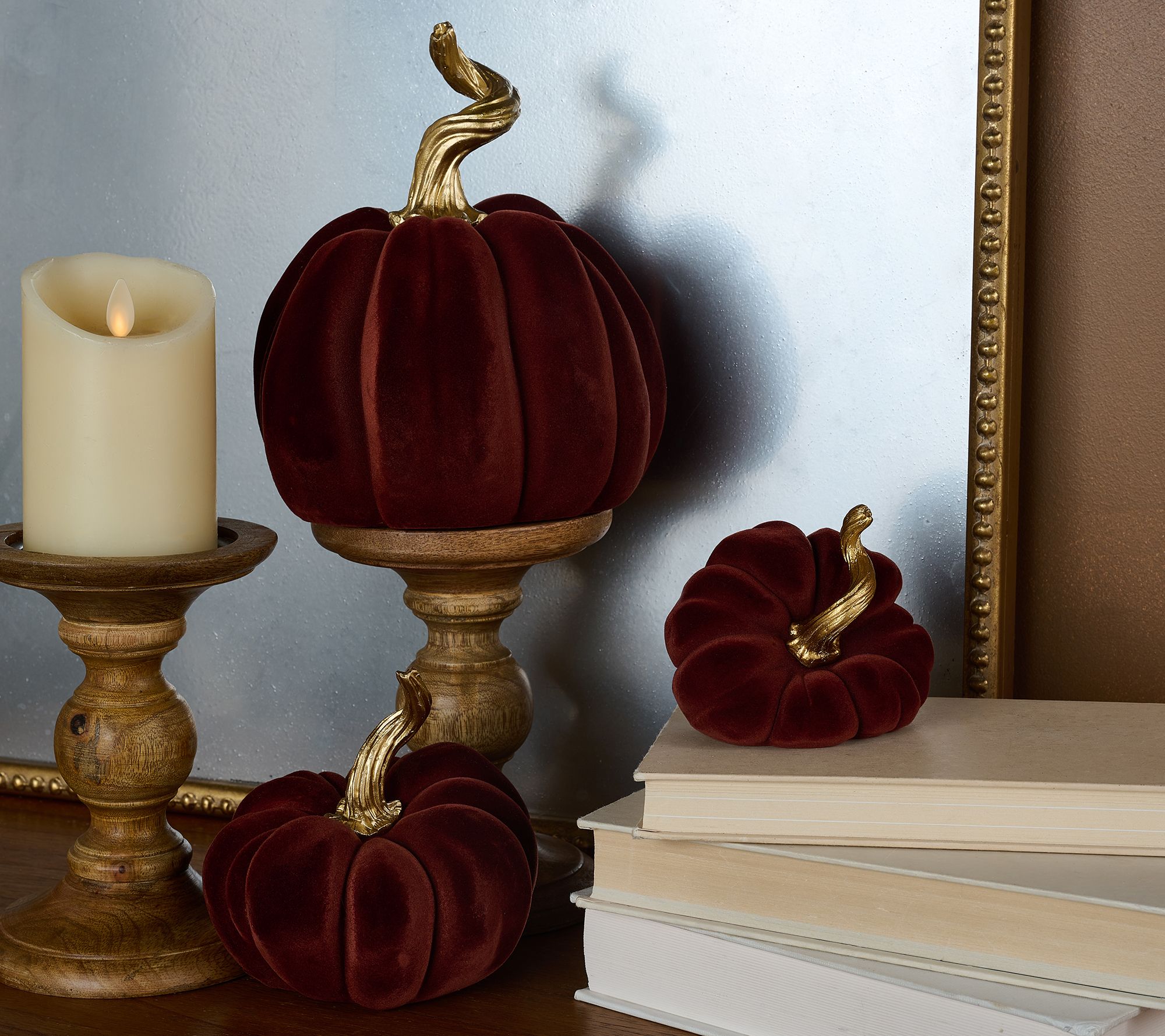 "As Is" Set of 3 Flocked Pumpkins with Gold Stems by Valerie