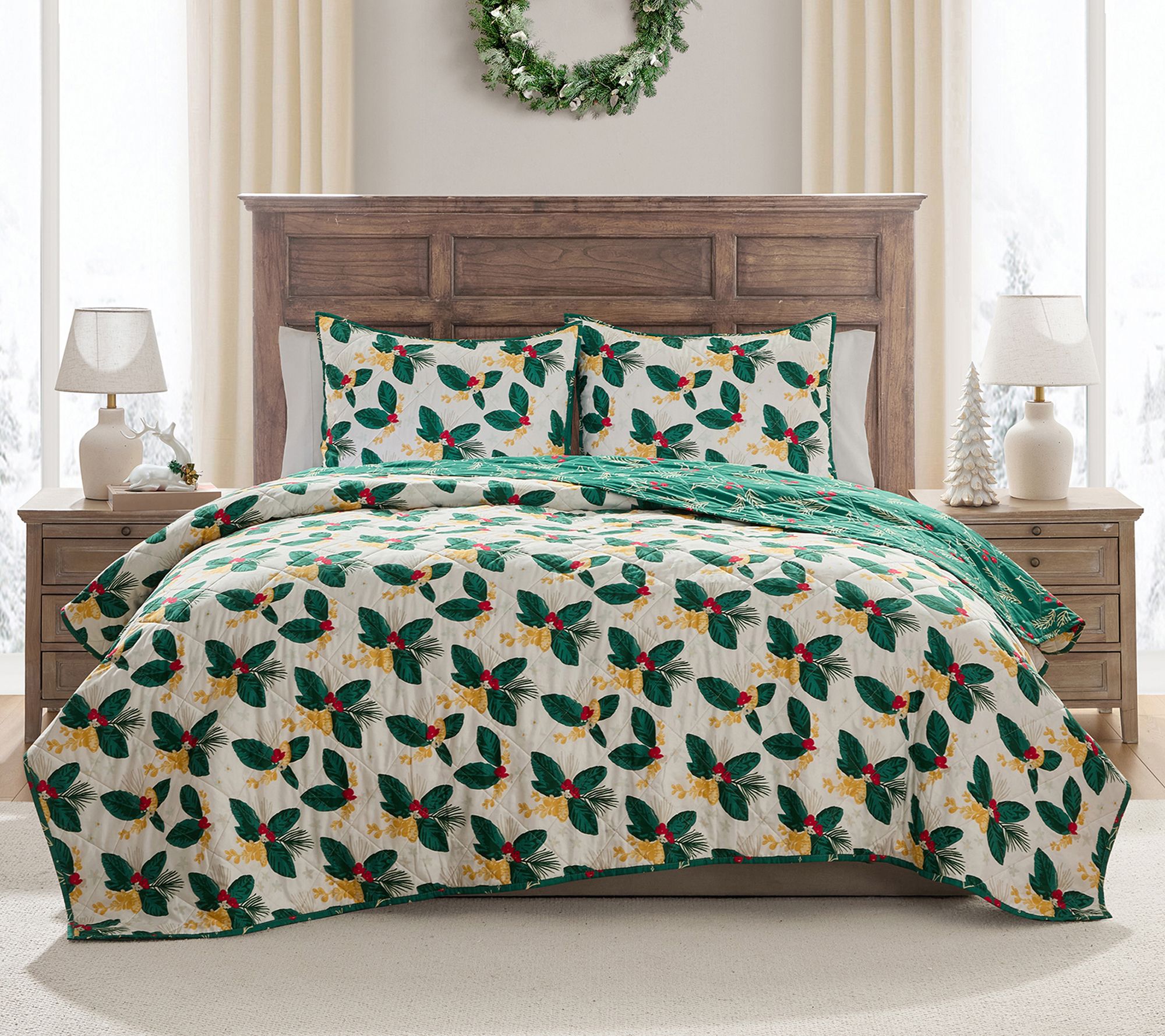 Hallmark Green Poinsettia 3-pc Holiday Quilt Set, F/Q