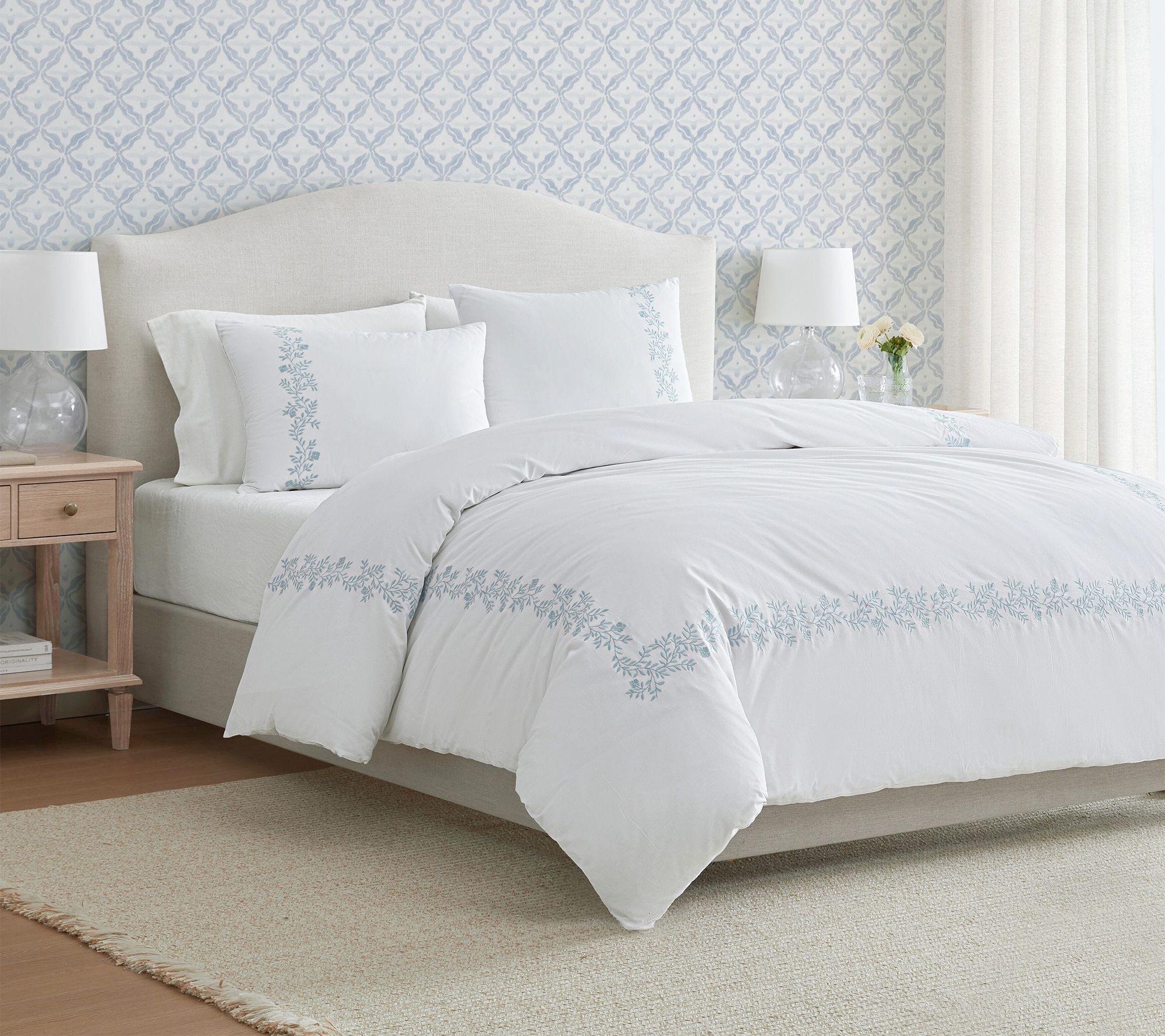 Martha Stewart Garden Path White/Blue Cotton King Duvet Set