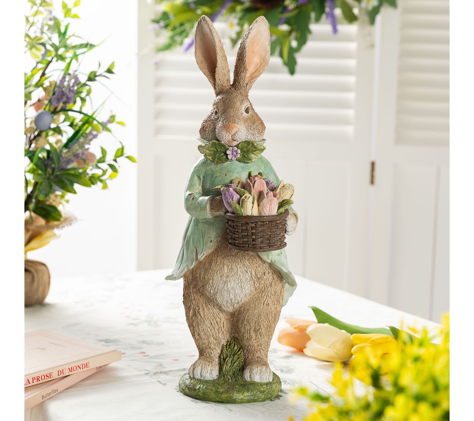 Glitzhome Easter Resin Bunny Table Decor with Flowers