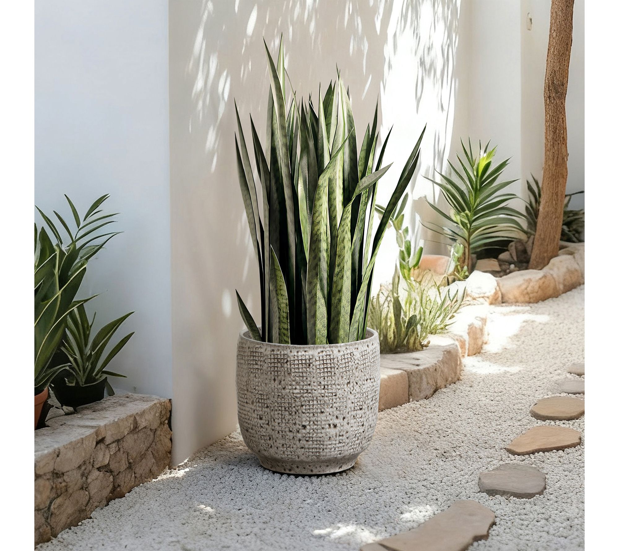 LuxenHome Speckled Ceramic Planter, 12" Gray Grid Pattern