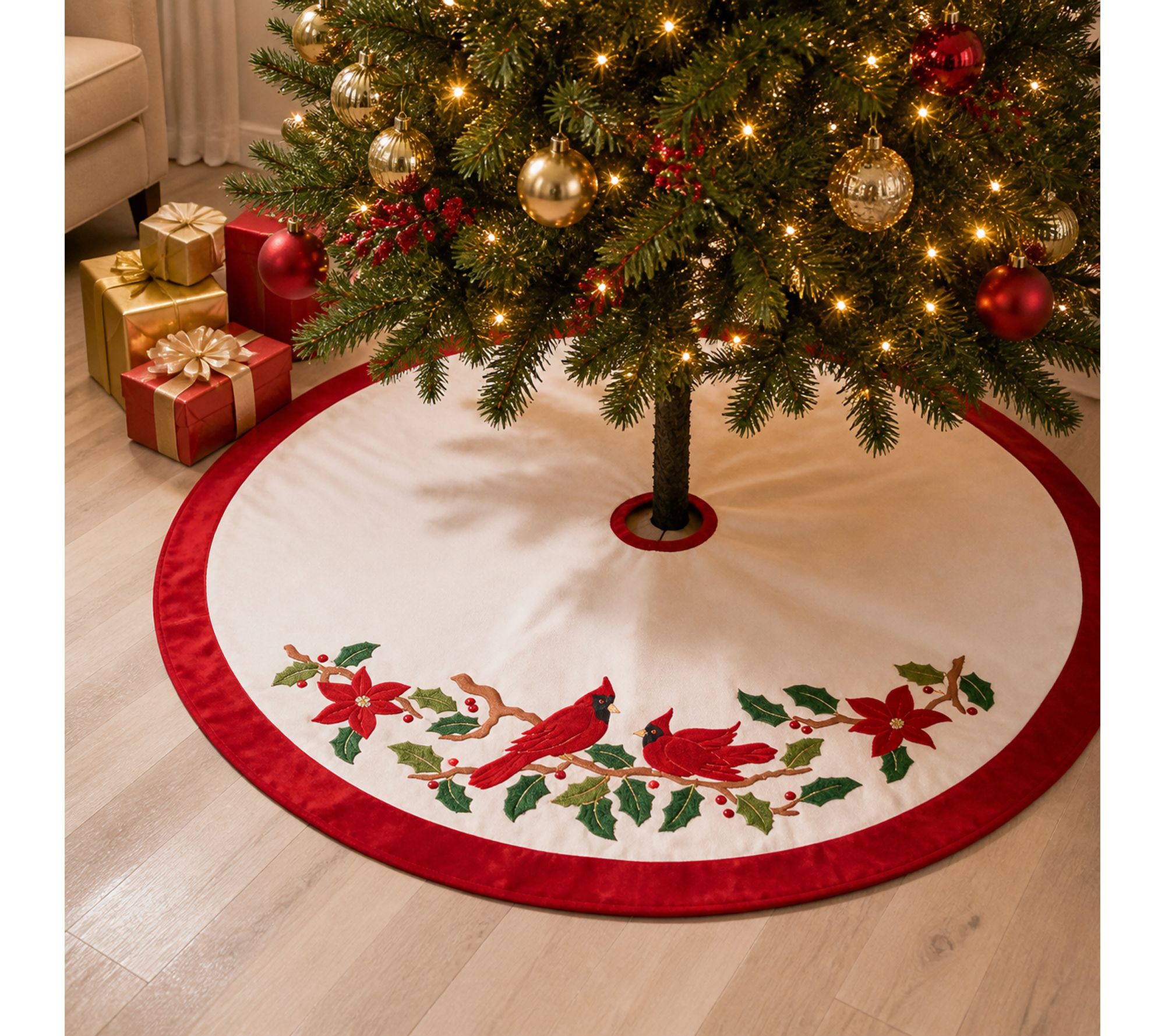 RC Home Decor -48" Cardinal and Poinsettia Christmas Tree Skirt