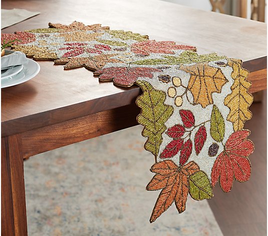 36" Beaded Embellished Harvest Leaves Table Runner by Valerie