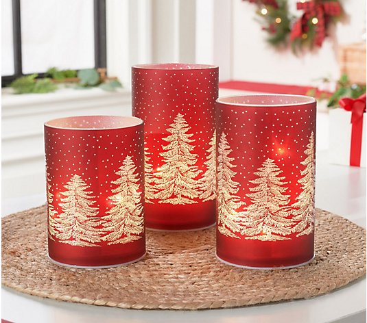 Set of 3 Lit Pillars with Sparkling Tree Scene by Valerie