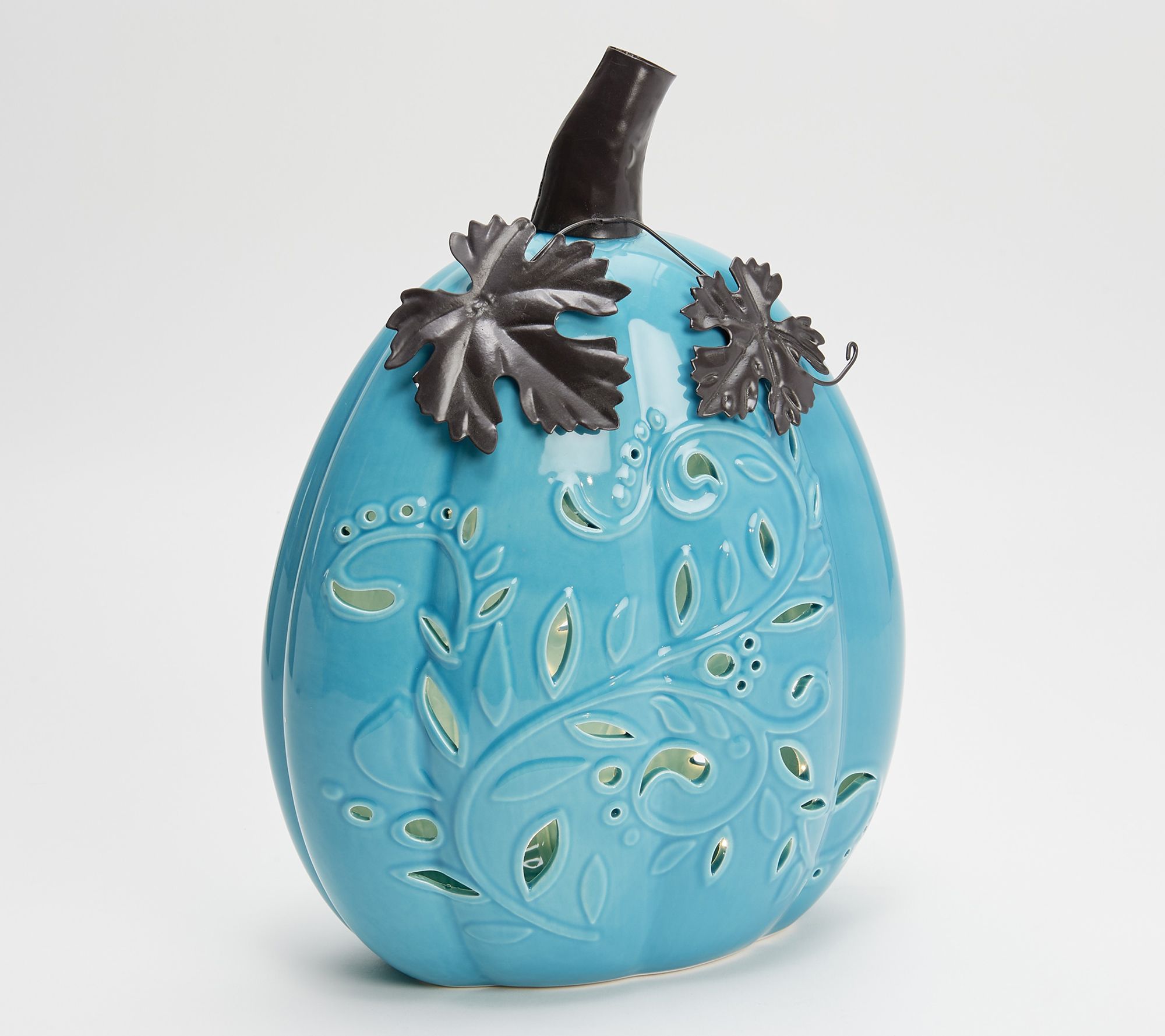 13" Illuminated Slim Ceramic Pierced Pumpkin by Valerie