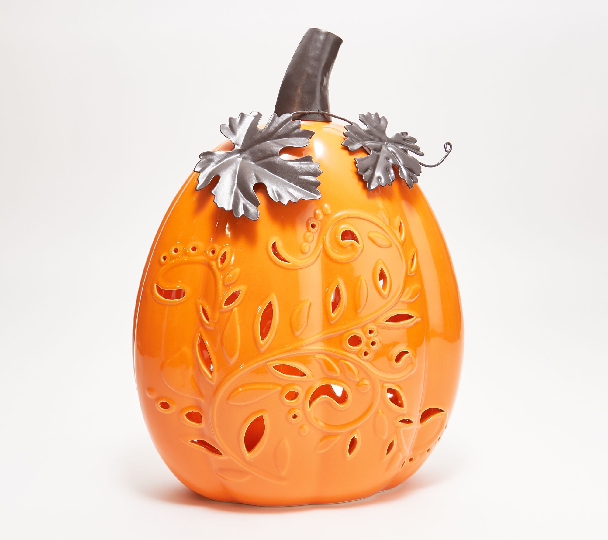 13" Illuminated Slim Ceramic Pierced Pumpkin by Valerie