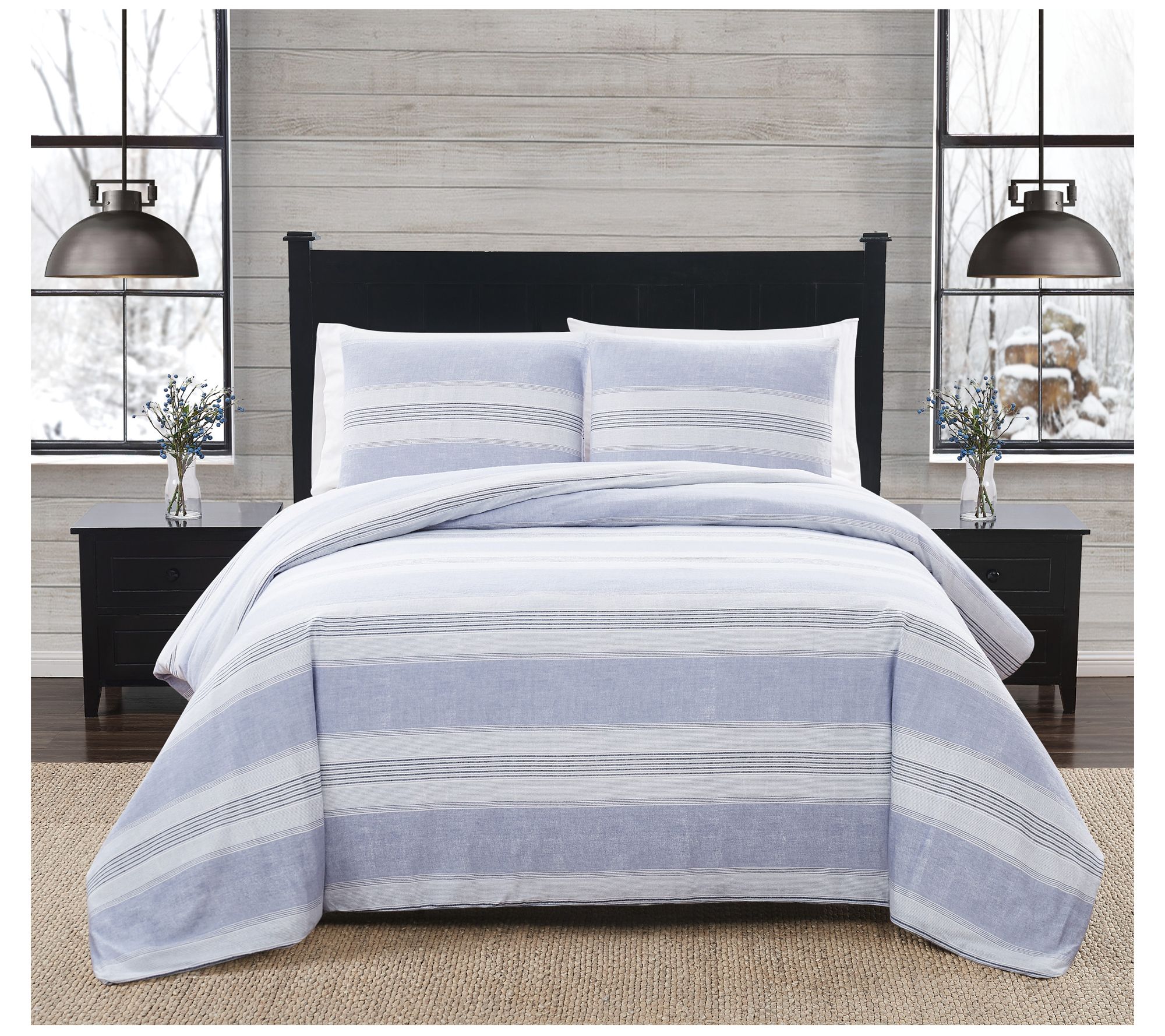London Fog Blue Stripe King 3 Piece Flannel Comforter Set