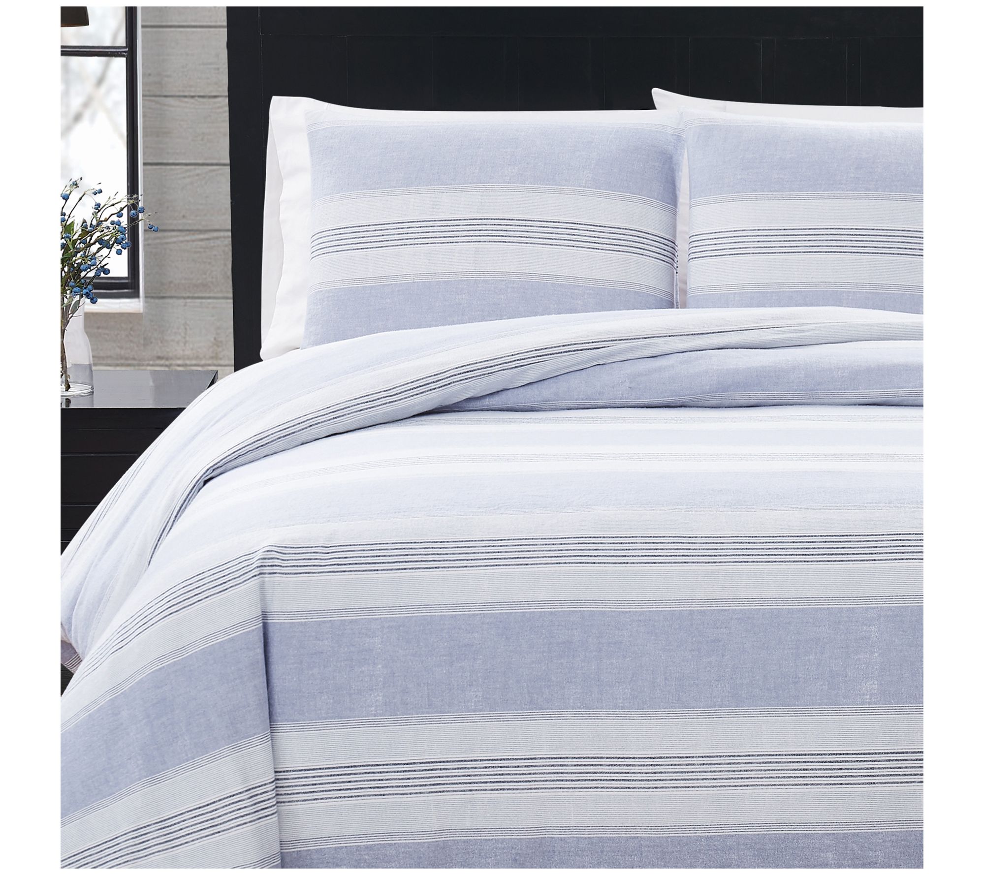 London Fog Blue Stripe King 3 Piece Flannel Comforter Set