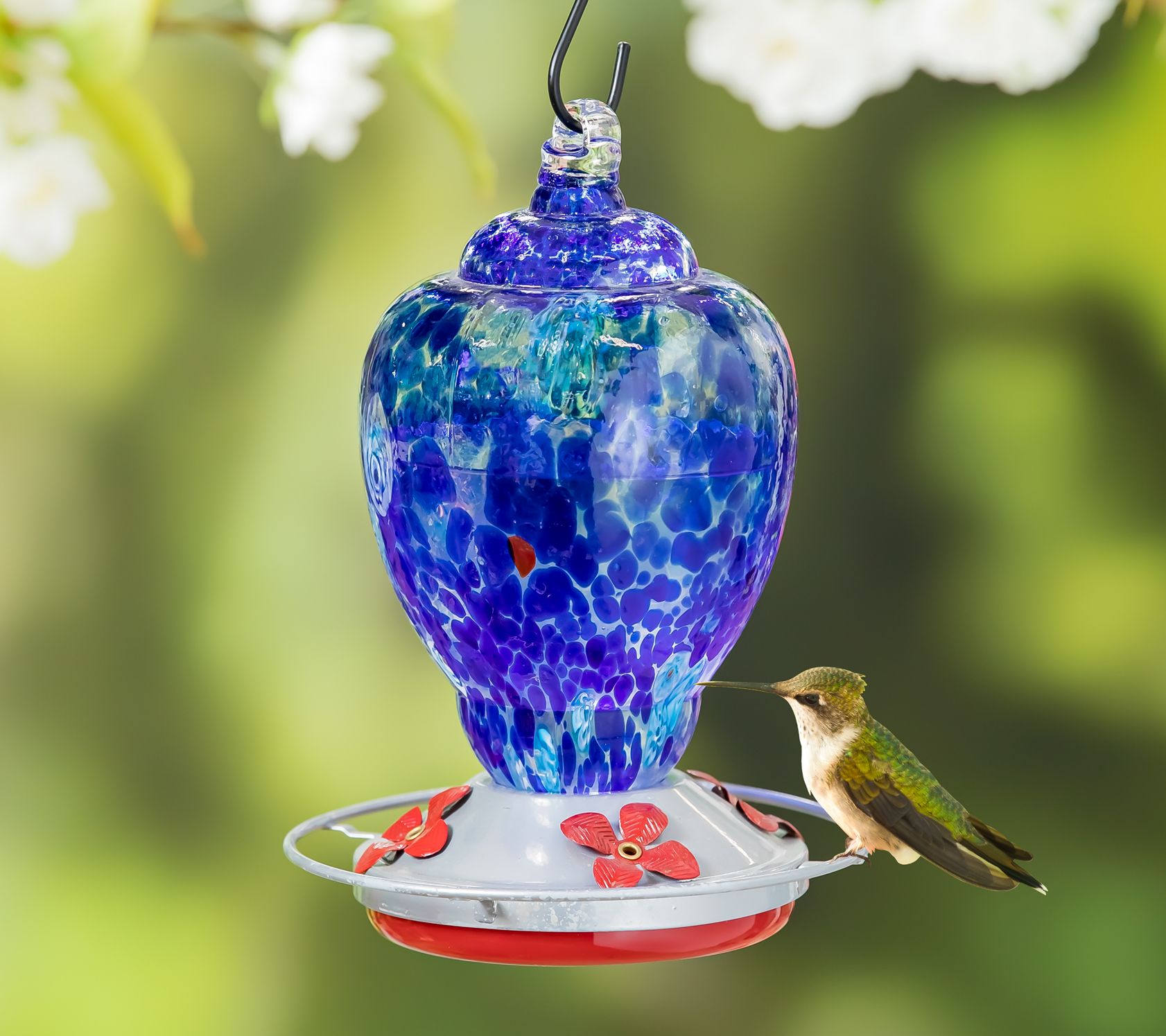 Evergreen Speckled Glass Hummingbird Feeder & B ronze Gondola