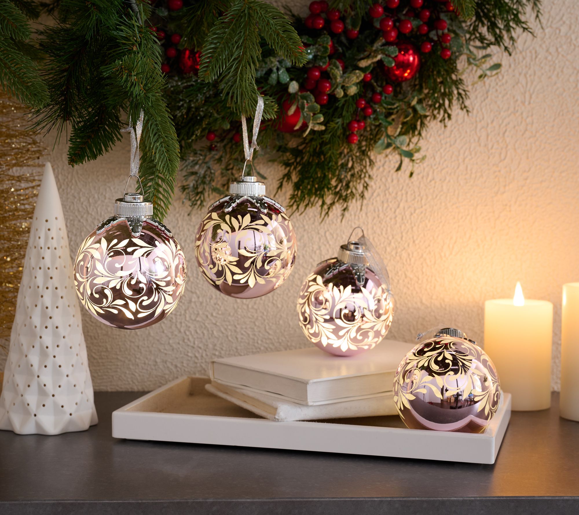 S/4 Illuminated Scroll Design Glass Ornaments by Valerie