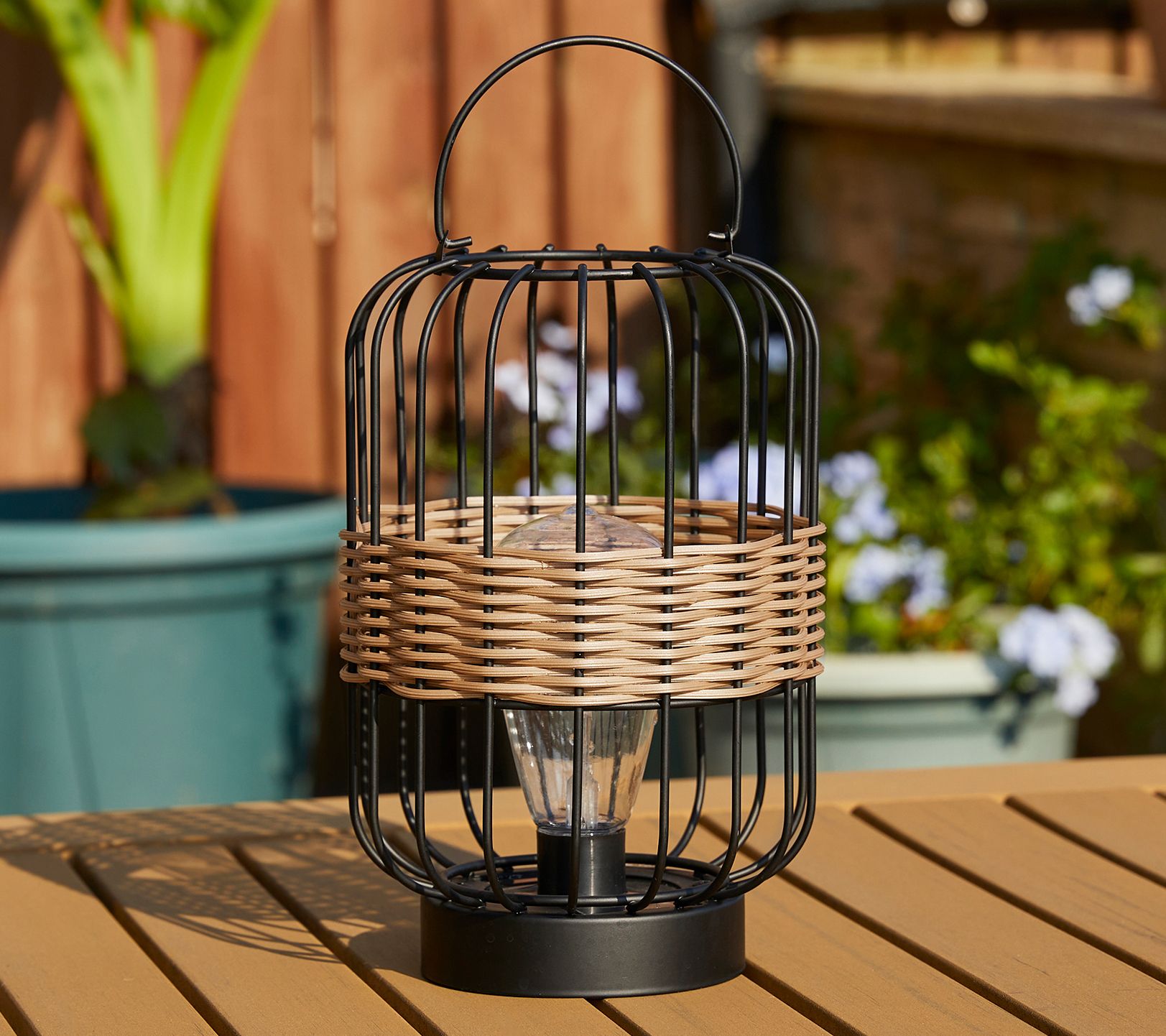 Glitzhome 12" Metal Faux Rattan Solar Powered Outdoor Lantern