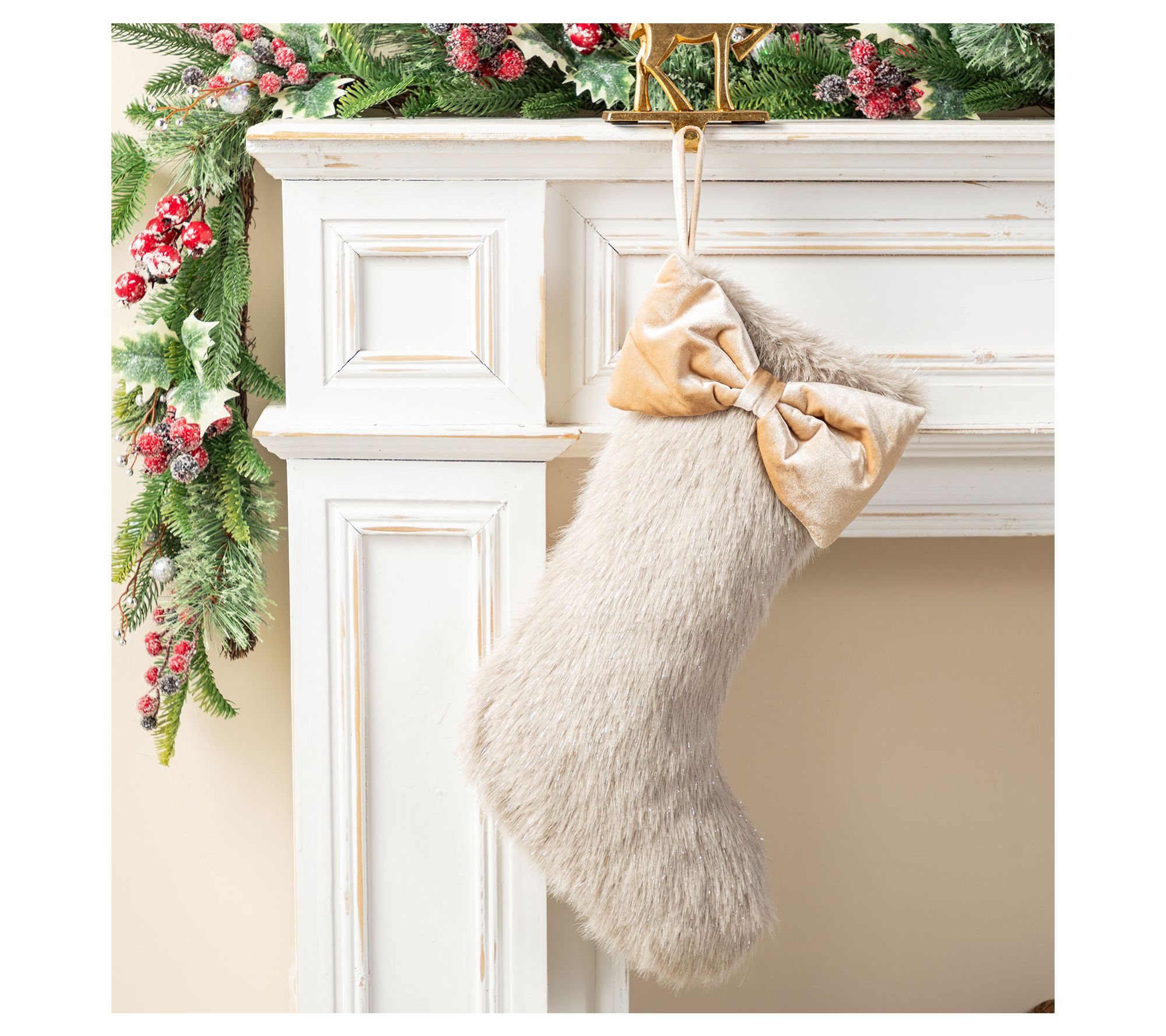 Glitzhome 21"L Faux Fox Fur Christmas Stockingwith Bow