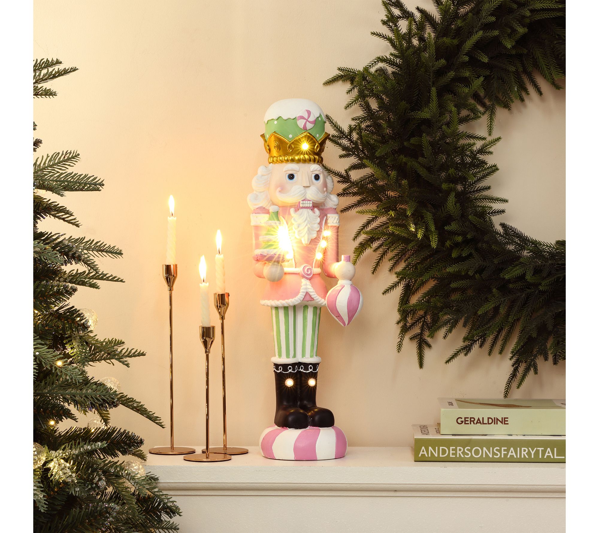 LuxenHome 2ft Lighted Nutcracker Pink Soldier with Candy Tree