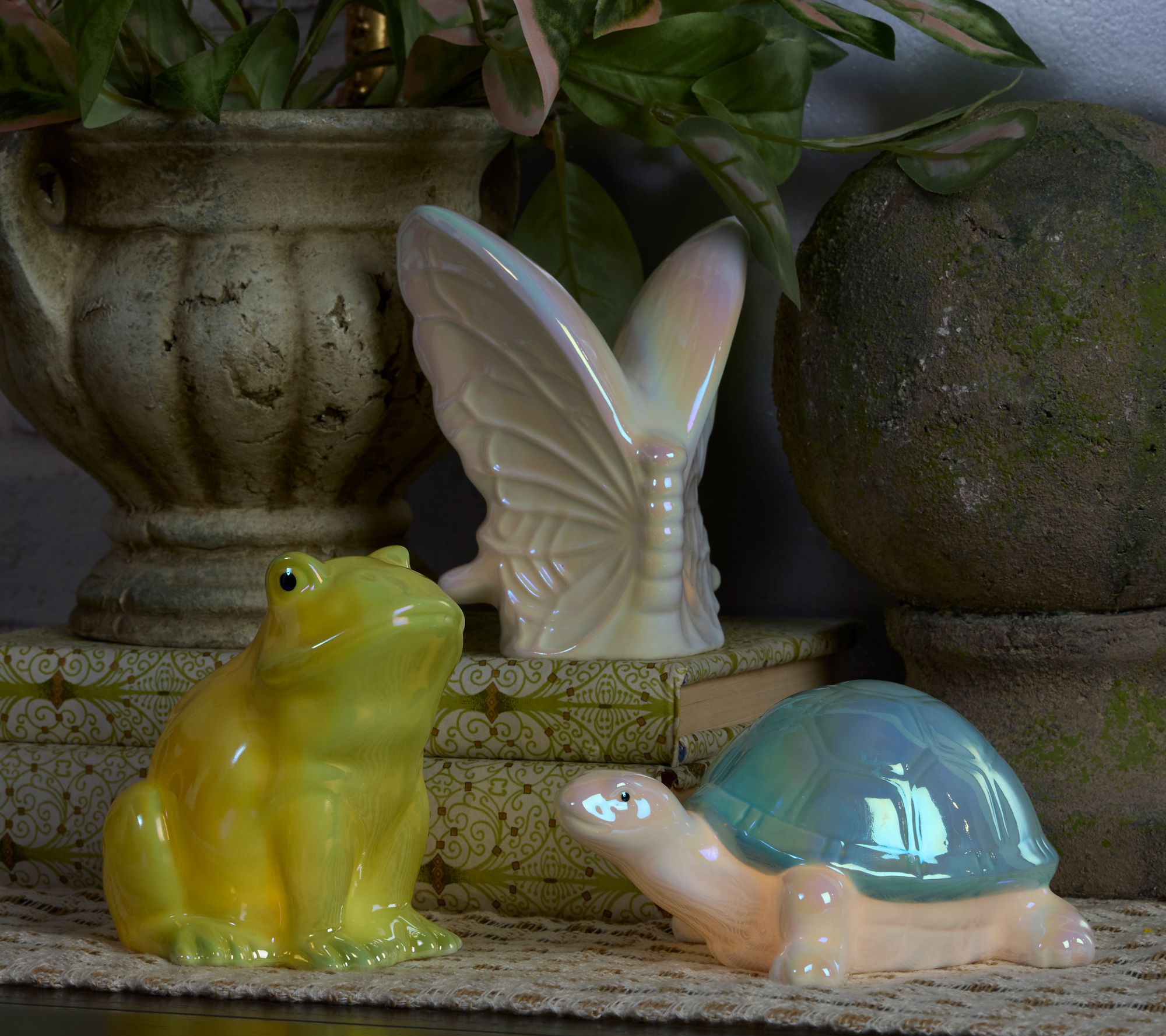 "As Is" 3-Piece Lit Porcelain Turtle, Frog and Butterfly by Valerie