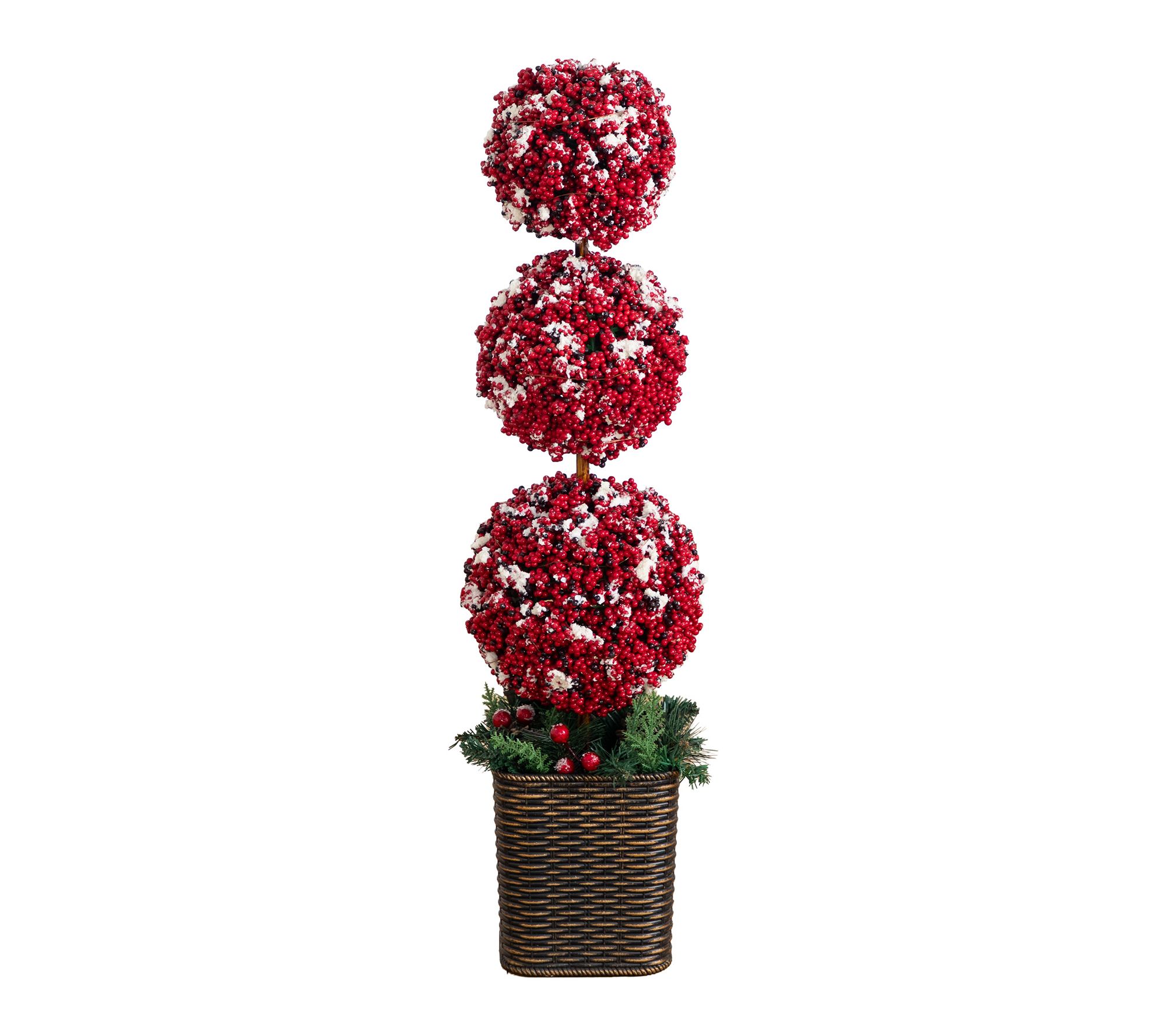 31-in Christmas Snowed Holly Berry Triple Ball Topiary Tree