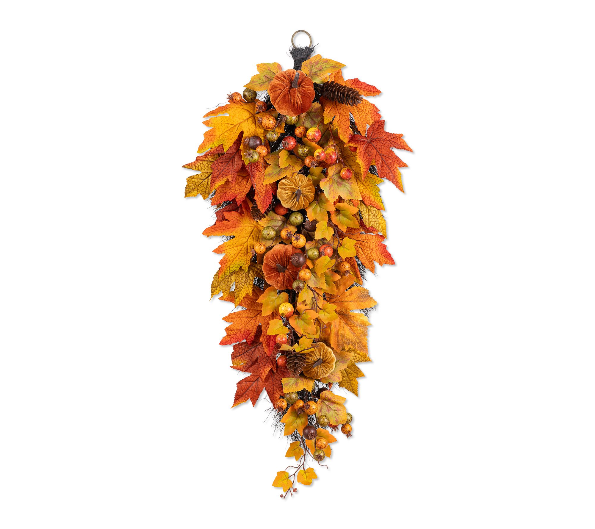 Glitzhome 28"H Fall Velvet Pumpkin Pinecone & Berry Teardrop