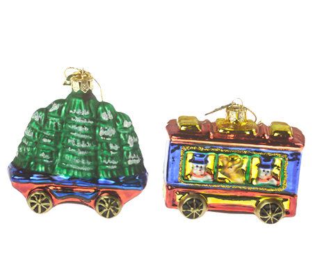 Thomas Pacconi 5pc Blown Glass Christmas Train Ornament Set with Wooden ...