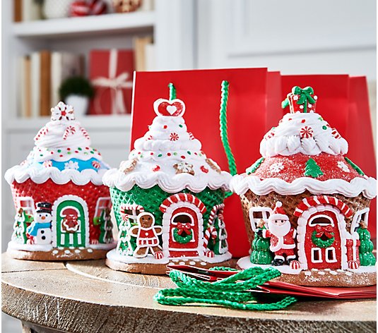 Set of 3 Illuminated Gingerbread Houses w/ Bags by Valerie