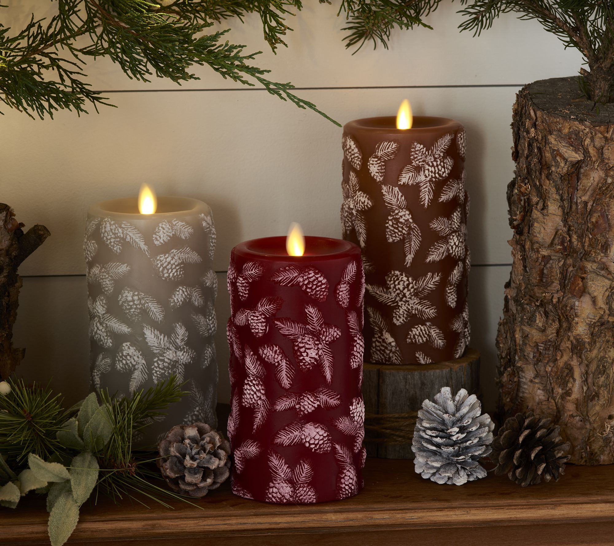 Martha Stewart S/2 Flameless 6" Pinecone & Evergreen Pillars
