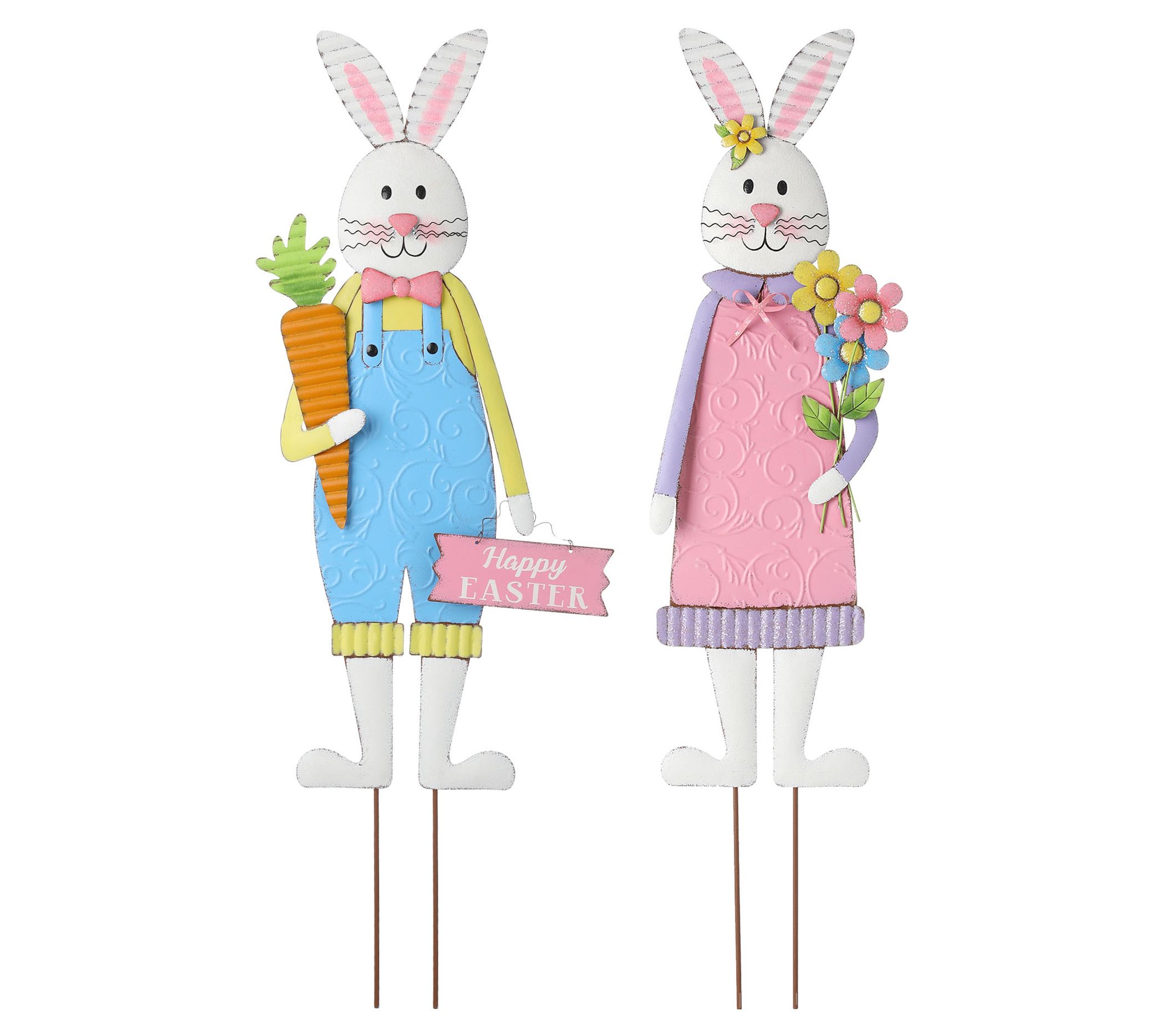 Glitzhome 36" Metal Easter Boy & Girl Bunnies Yrd Stakes S/2