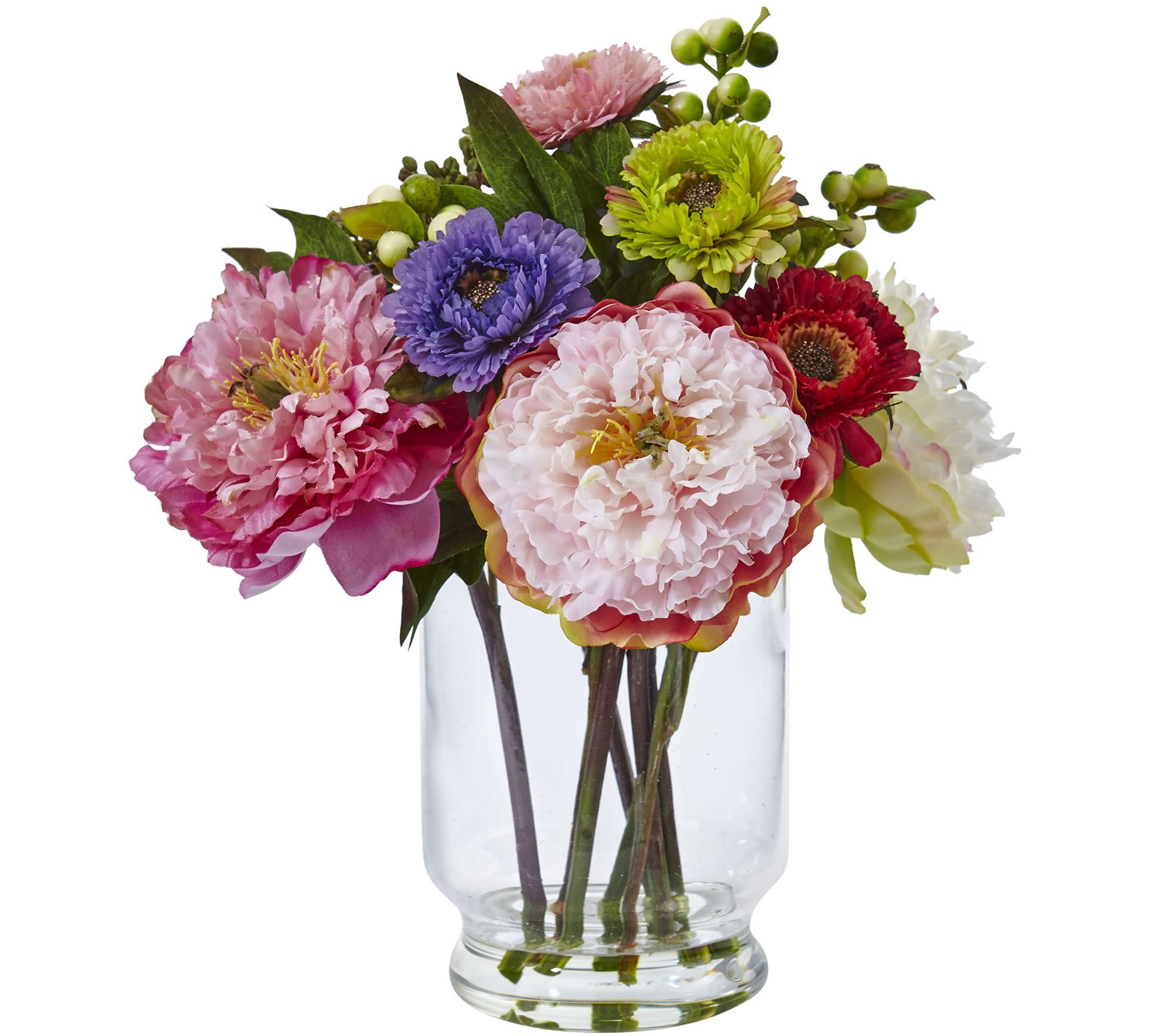 Peony and Mum in Glass Vase by Nearly Natural