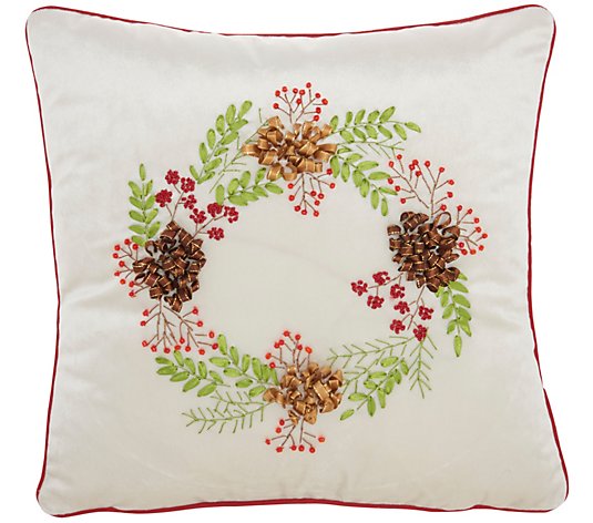 Mina Victory Embroidered Pinecones Christmas Throw Pillow