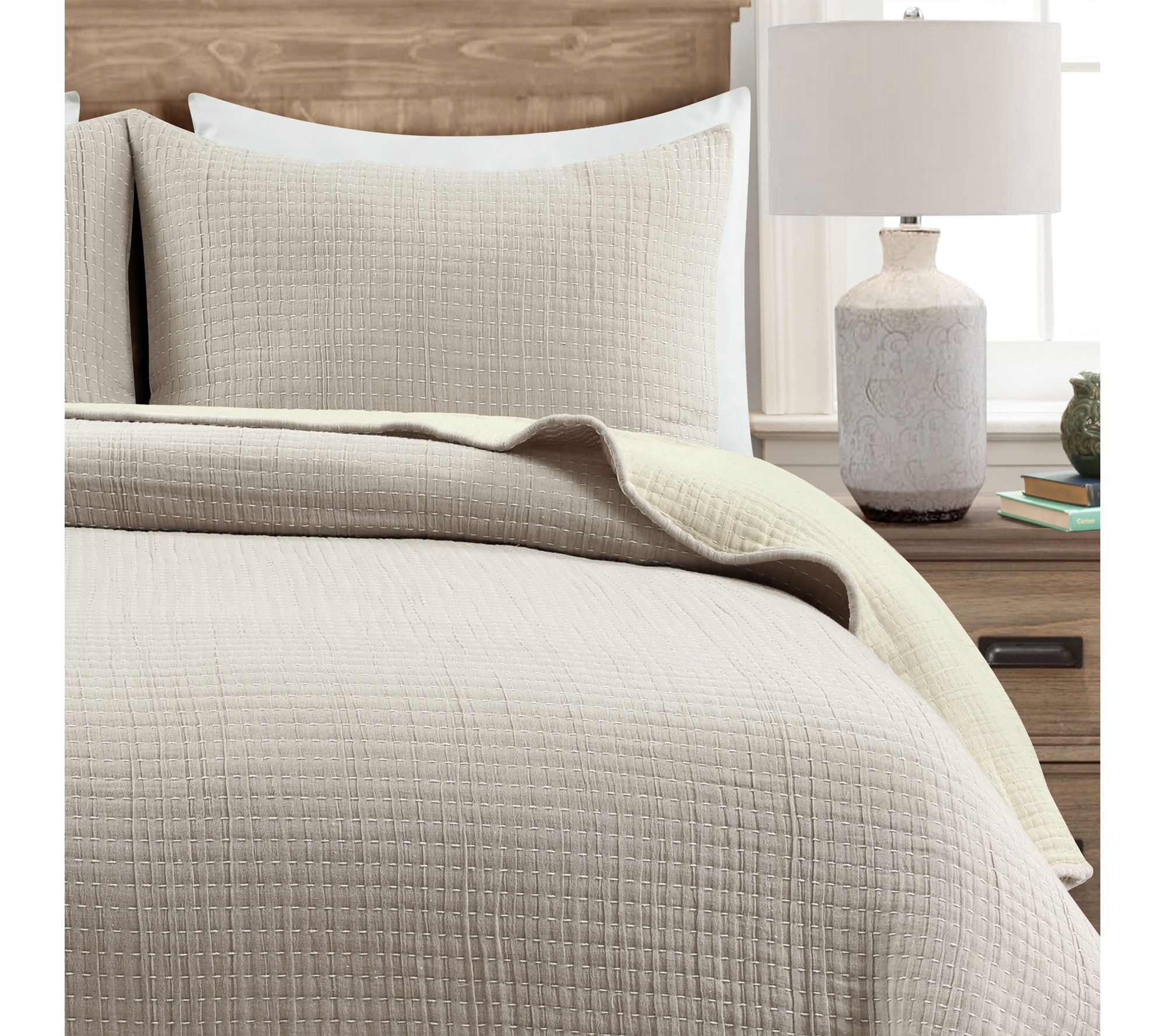 Solid Kantha Pick Stitch Yarn Dyed 3Pc King Quilt Set