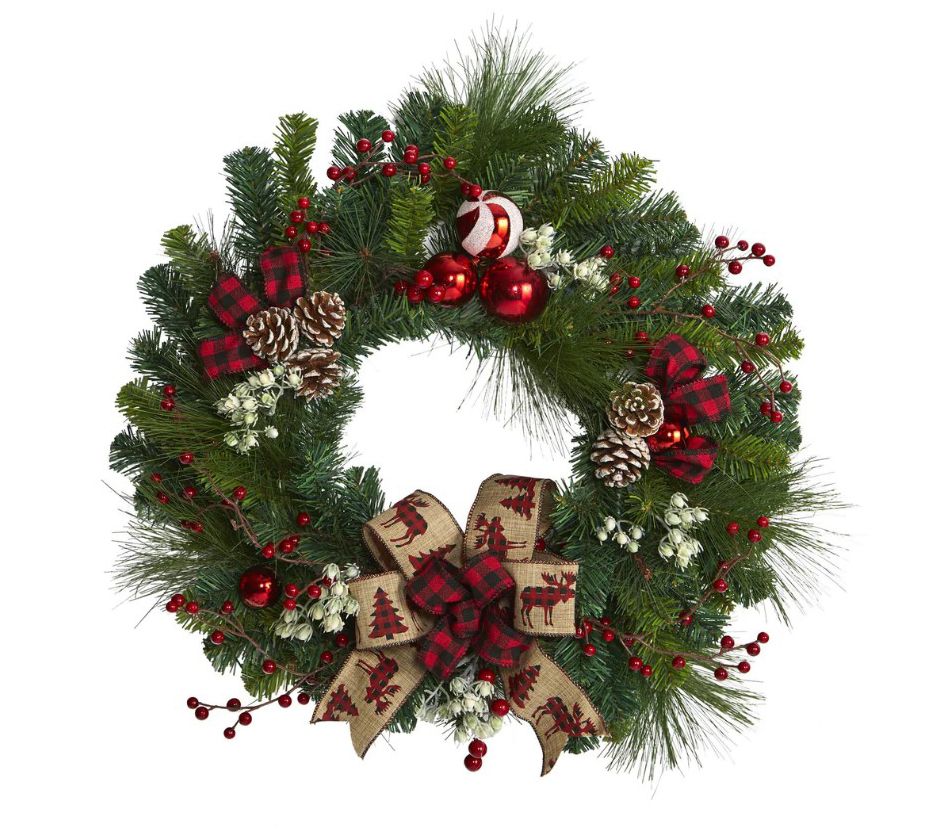 Nearly Natural 15-in Holiday Wreath w/Pine Cone& Ornaments