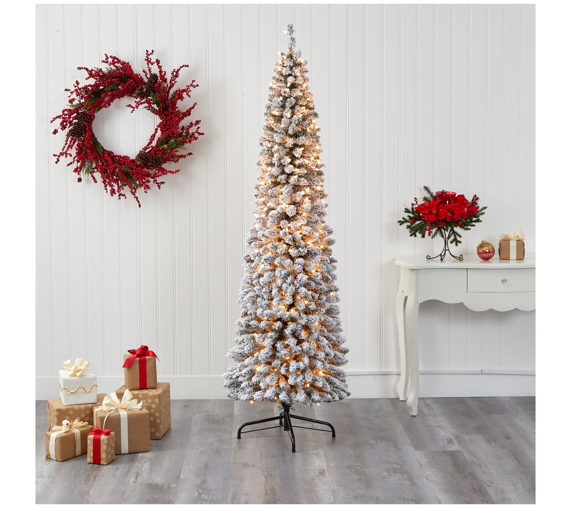 Nearly Natural 7' Flocked Pencil Faux ChristmasTree w/ Lights